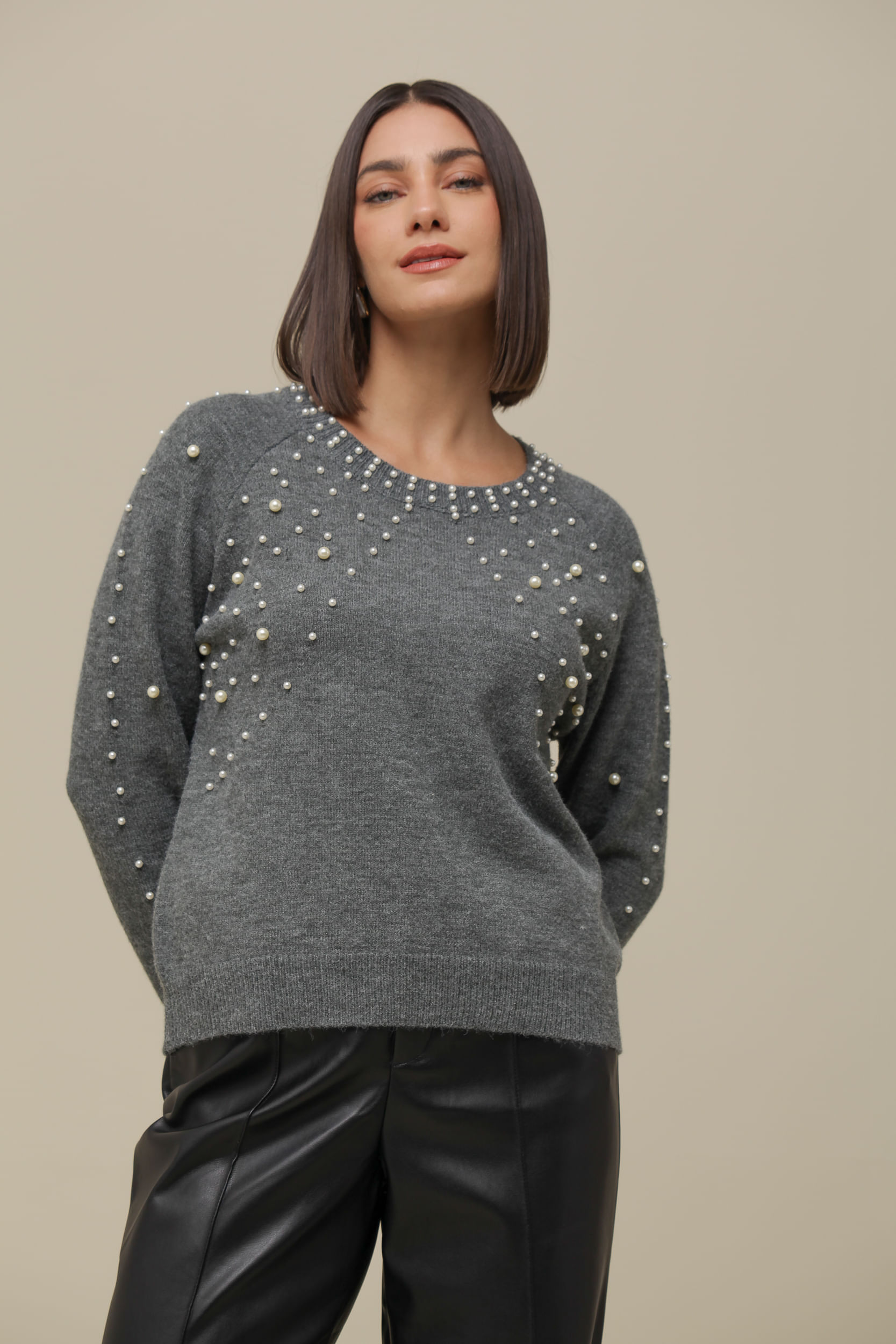 9036541 - Blusa Tricô Manga Longa Com Pérolas CINZA 9036541 - Blusa Tricô Manga Longa Com Pérolas CINZA
