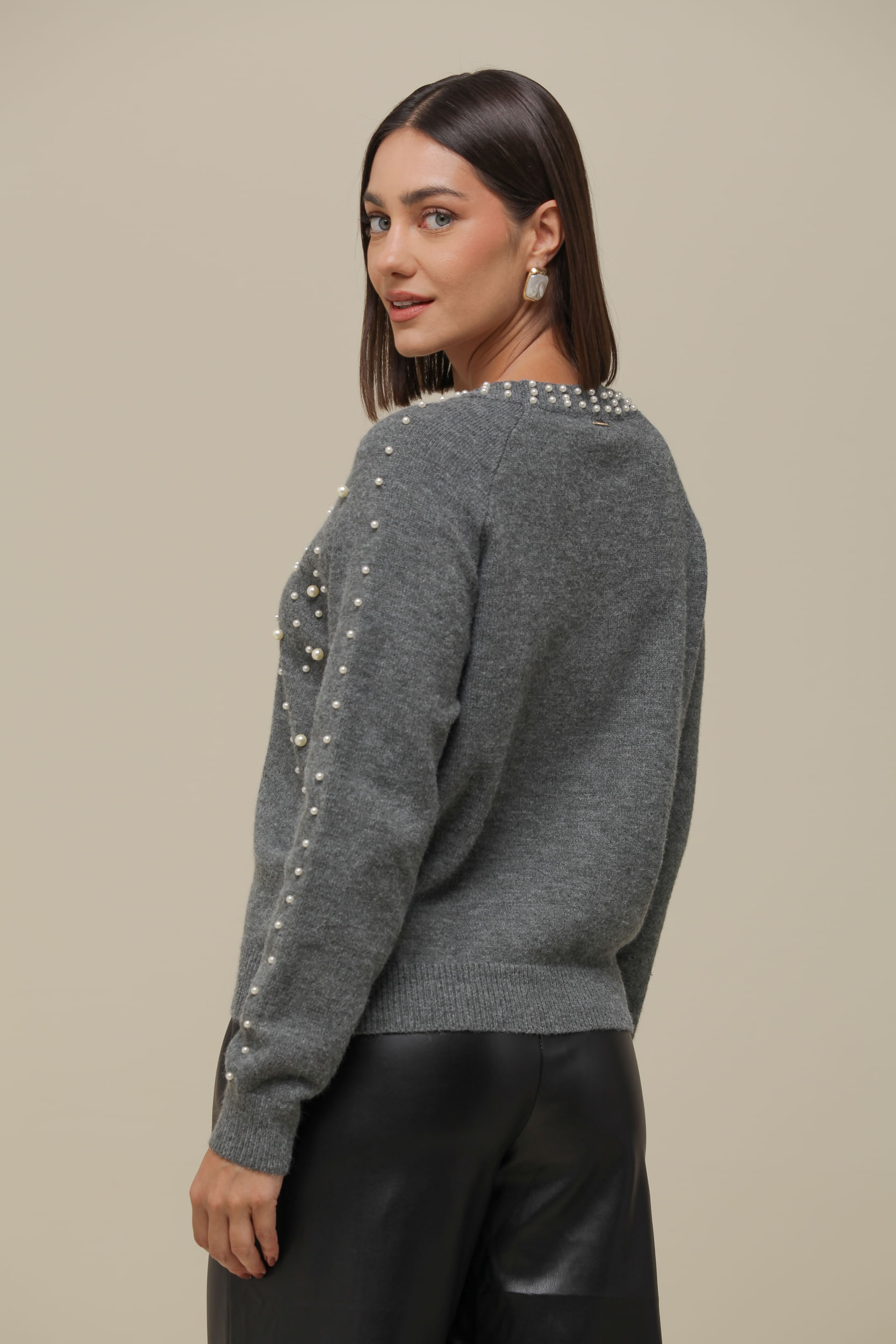 9036541 - Blusa Tricô Manga Longa Com Pérolas CINZA 9036541 - Blusa Tricô Manga Longa Com Pérolas CINZA