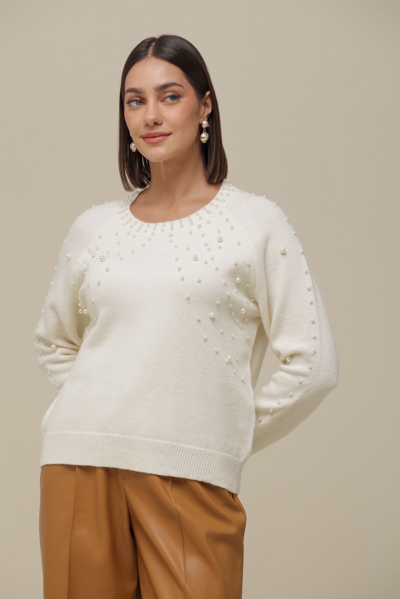 9036541 - Blusa Tricô Manga Longa Com Pérolas AREIA 9036541 - Blusa Tricô Manga Longa Com Pérolas AREIA