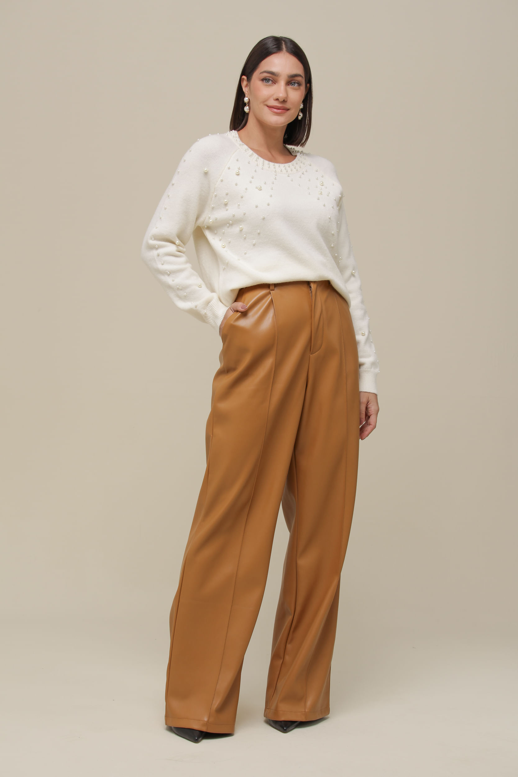 9036541 - Blusa Tricô Manga Longa Com Pérolas AREIA 9036541 - Blusa Tricô Manga Longa Com Pérolas AREIA