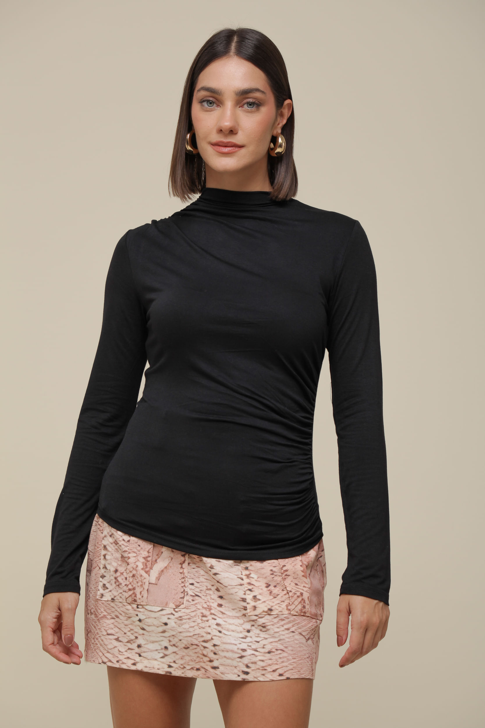 9036320 - Blusa Manga Longa Malha Franzida PRETO