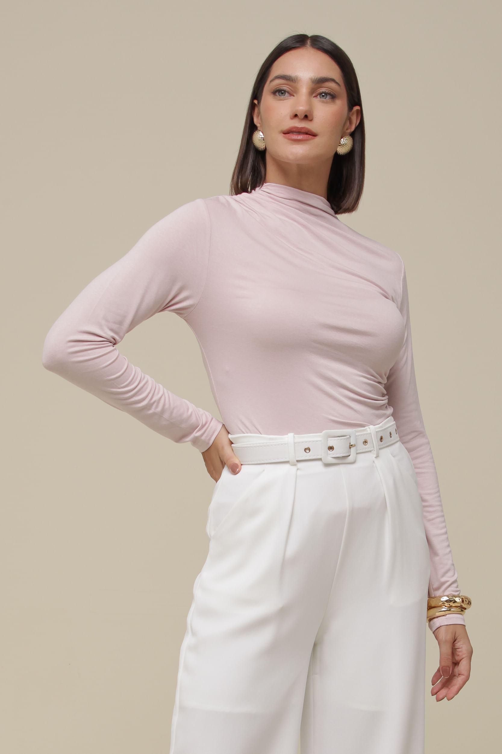 9036320 - Blusa Manga Longa Malha Franzida ROSÊ