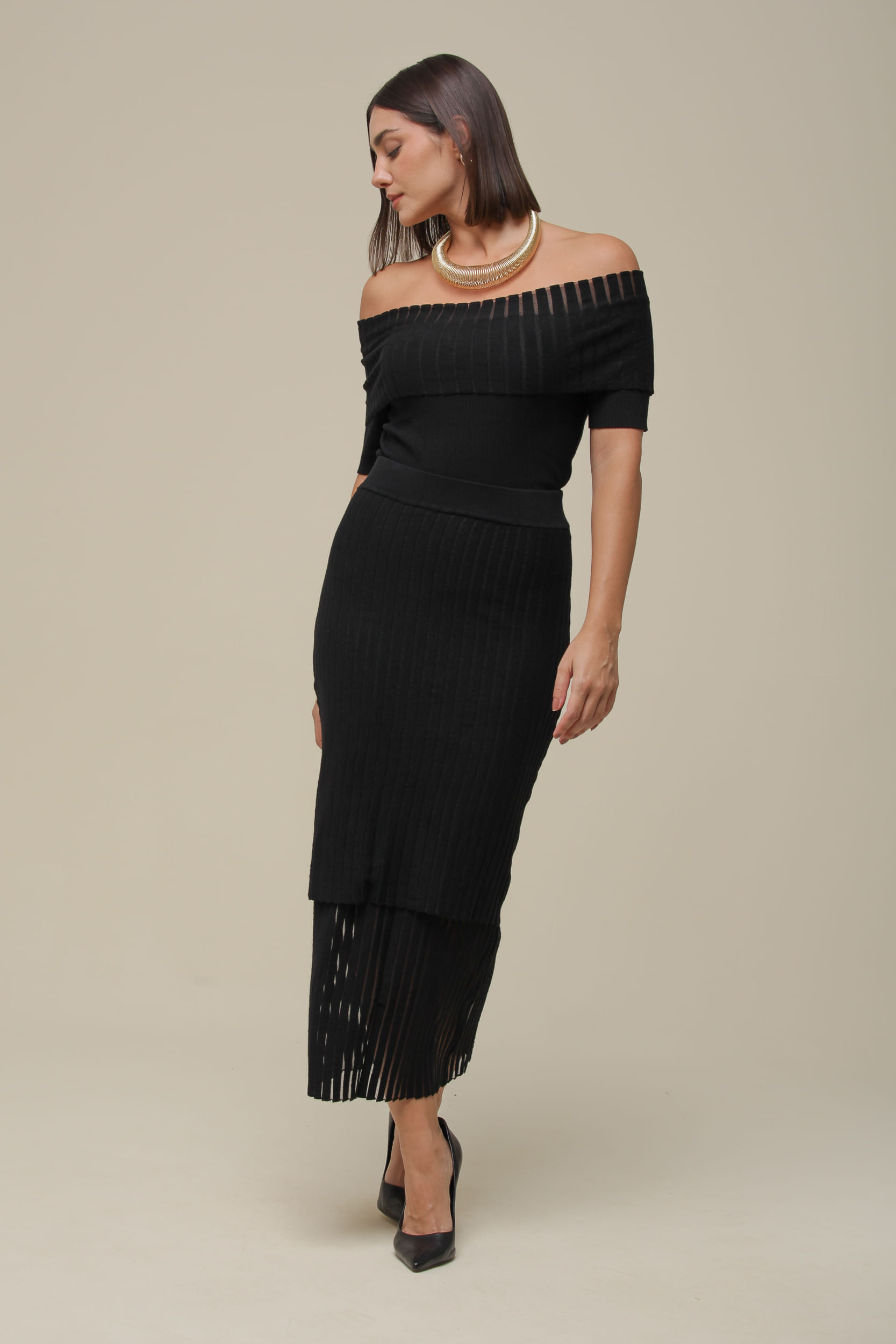 9036535 - Saia Midi Tricô Reta PRETO 9036535 - Saia Midi Tricô Reta PRETO