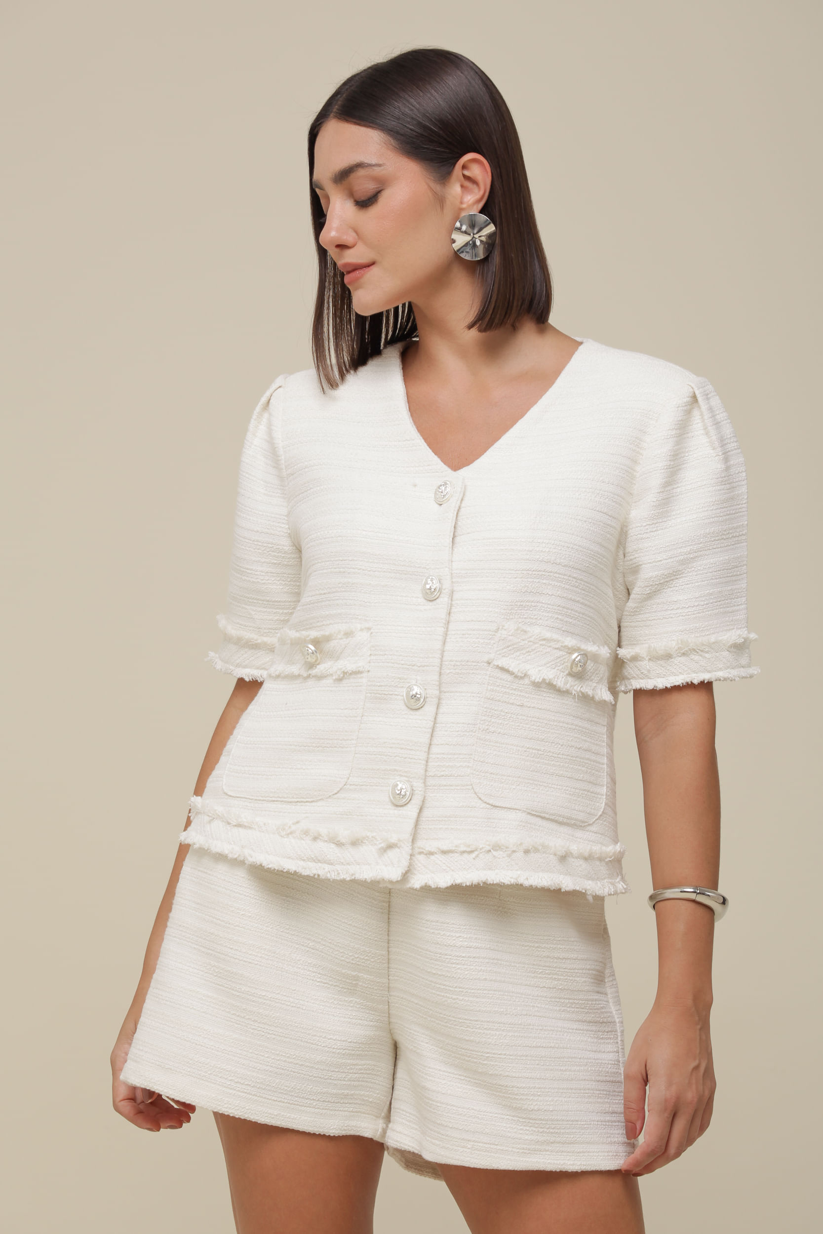 9036599 - Casaqueto Tweed Manga Curta OFF-WHITE