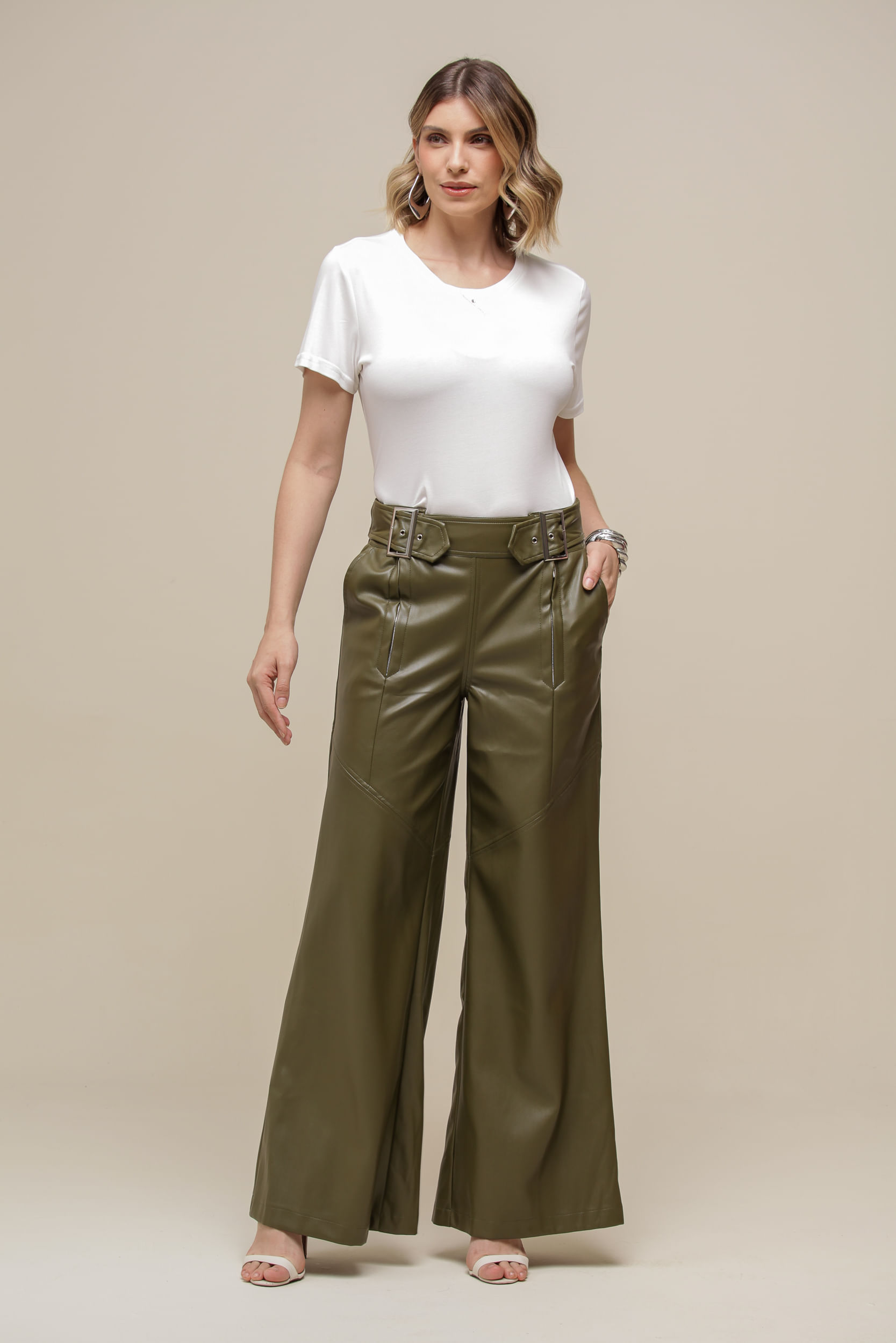 9036262 - Calça PU Pantalona Maxi Fivela VERDE MILITAR