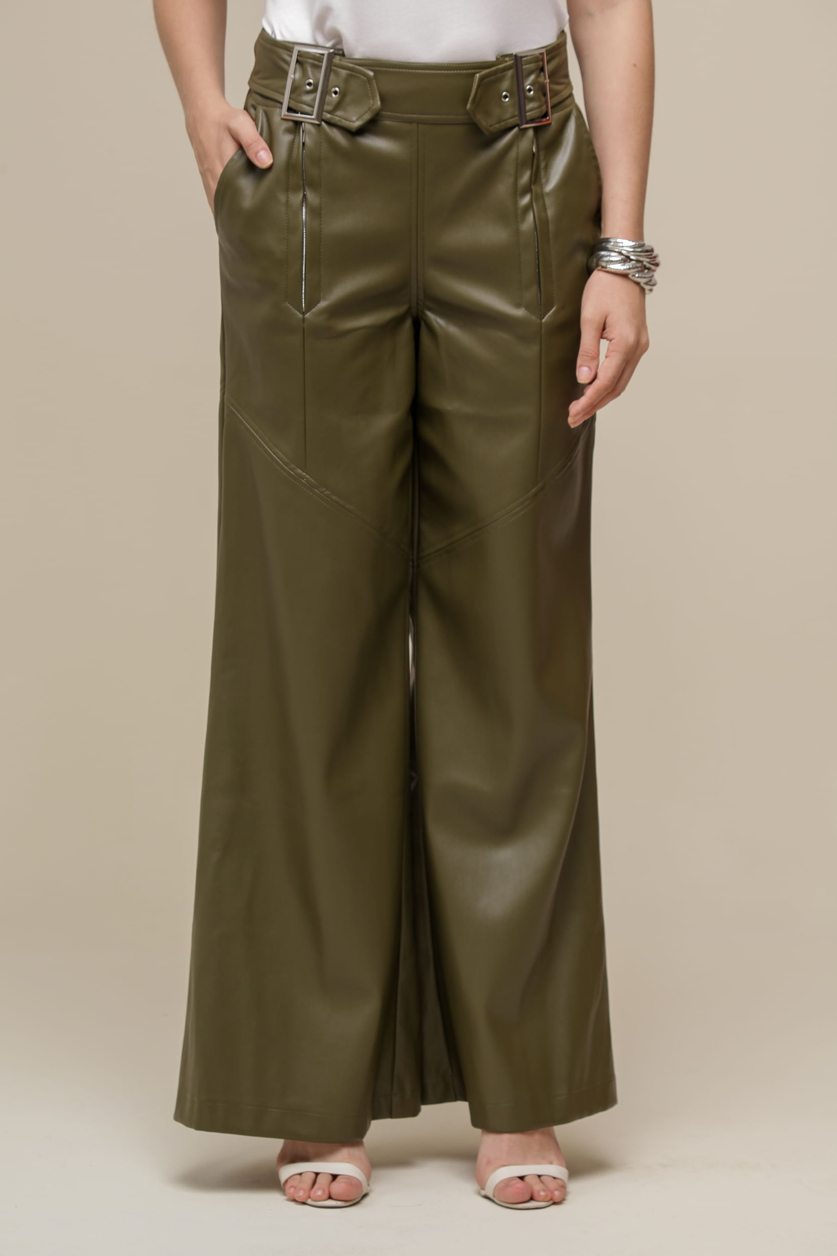 9036262 - Calça PU Pantalona Maxi Fivela VERDE MILITAR