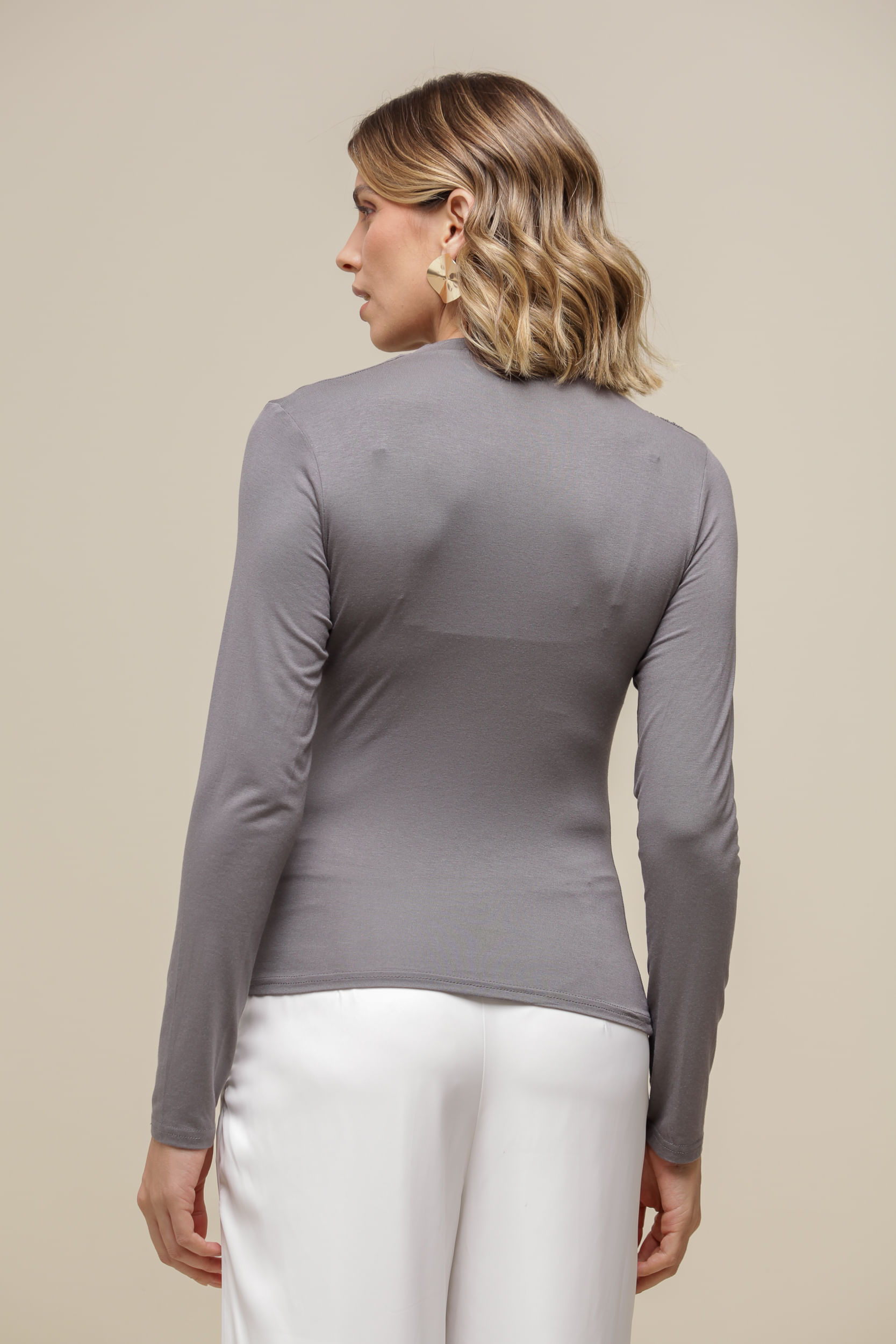9036320 - Blusa Manga Longa Malha Franzida CINZA 9036320 - Blusa Manga Longa Malha Franzida CINZA