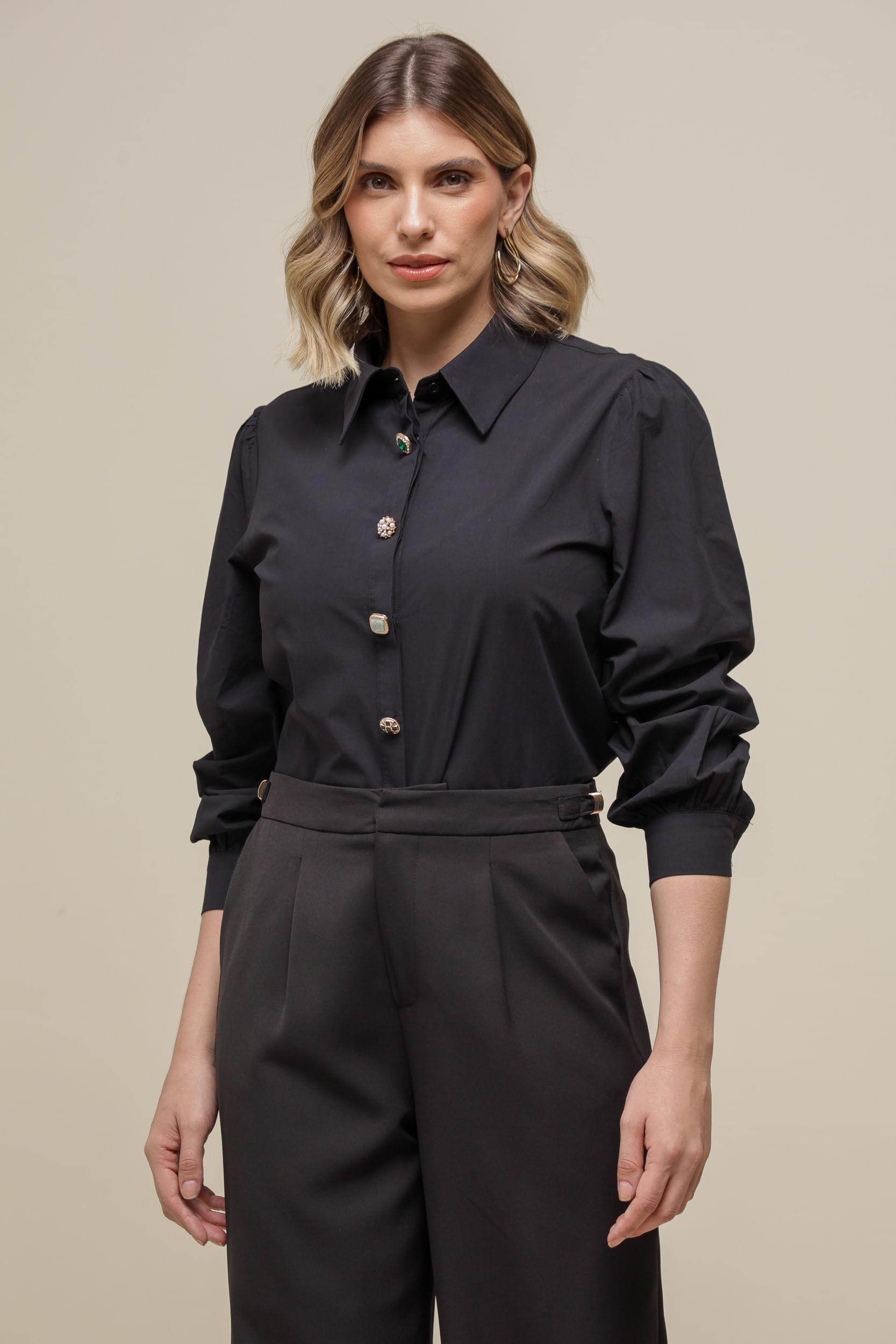 9036332 - Camisa Tricoline Botões  PRETO