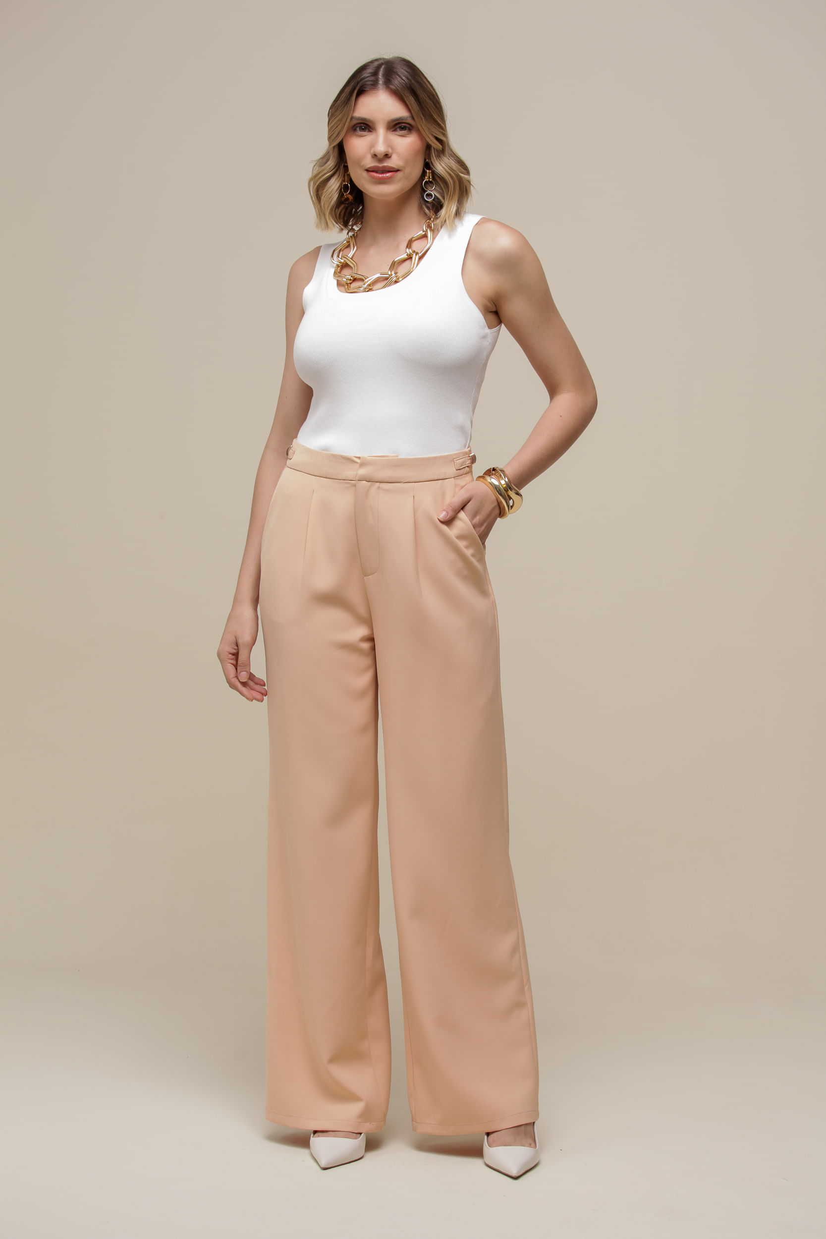 9036356 - Calça Alfaiataria Reta  BEGE