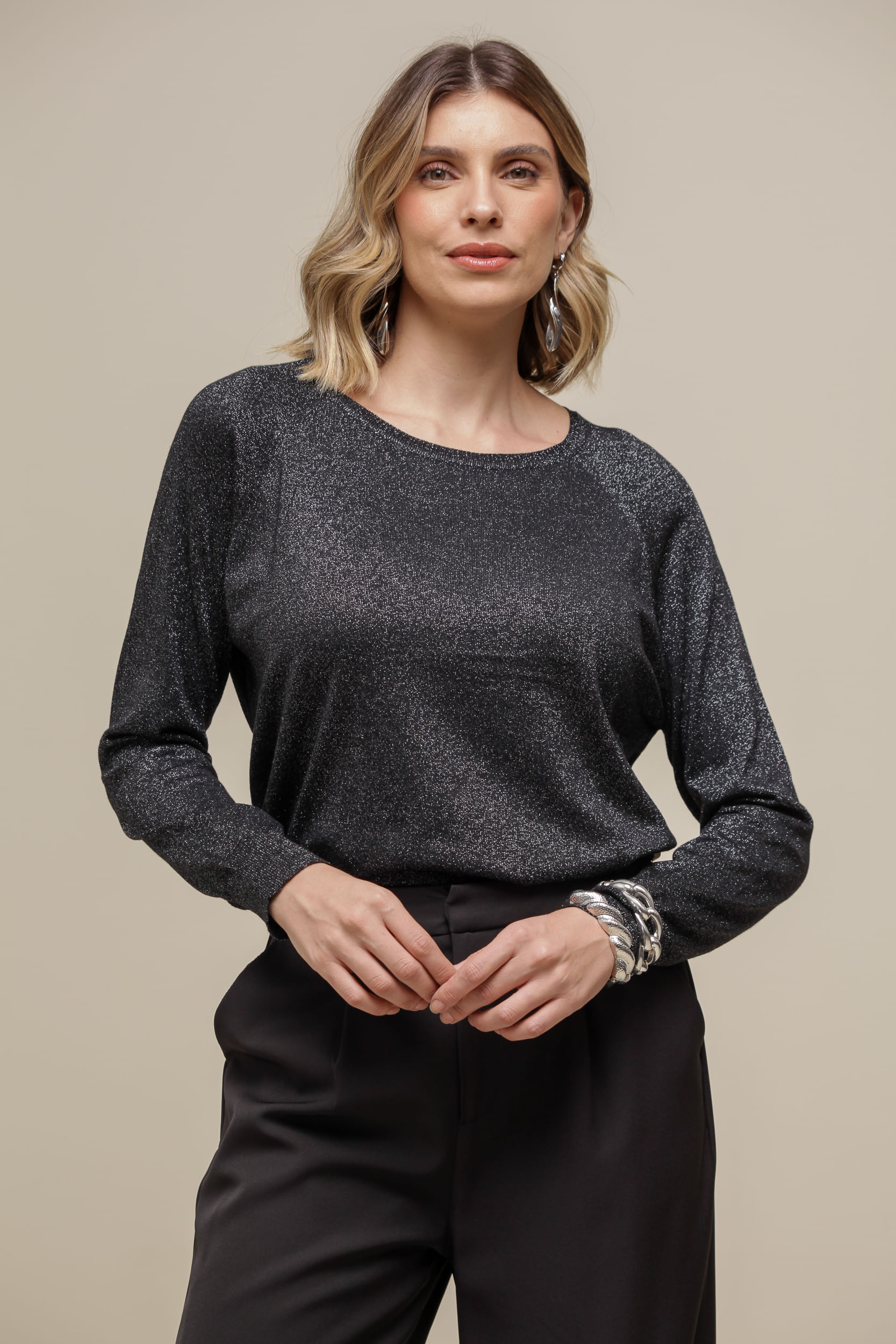 9036572- Blusa Tricô Amplo Fio Metalizado  PRETO