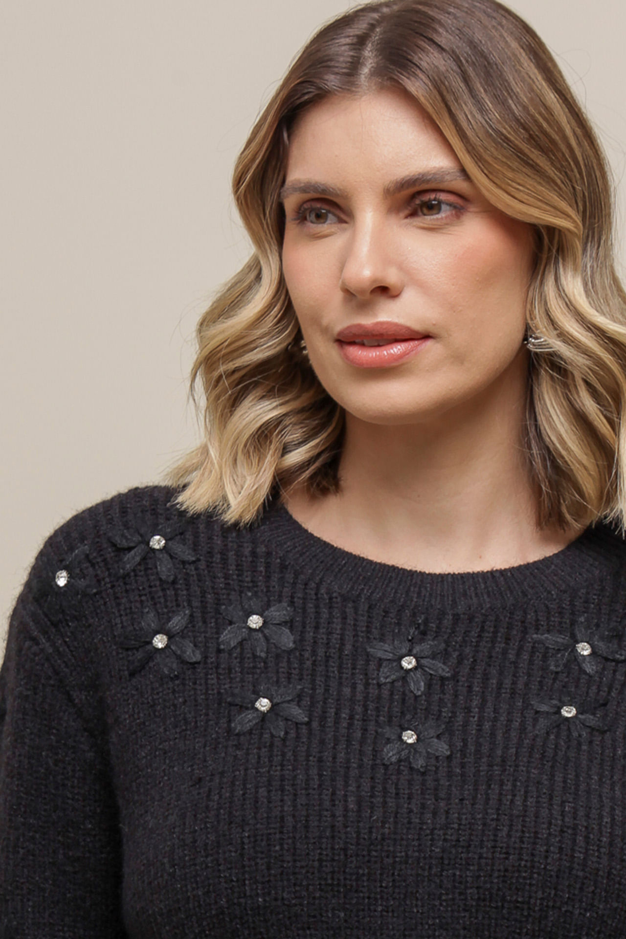 9036577 - Blusa Tricô Flores PRETO 9036577 - Blusa Tricô Flores PRETO