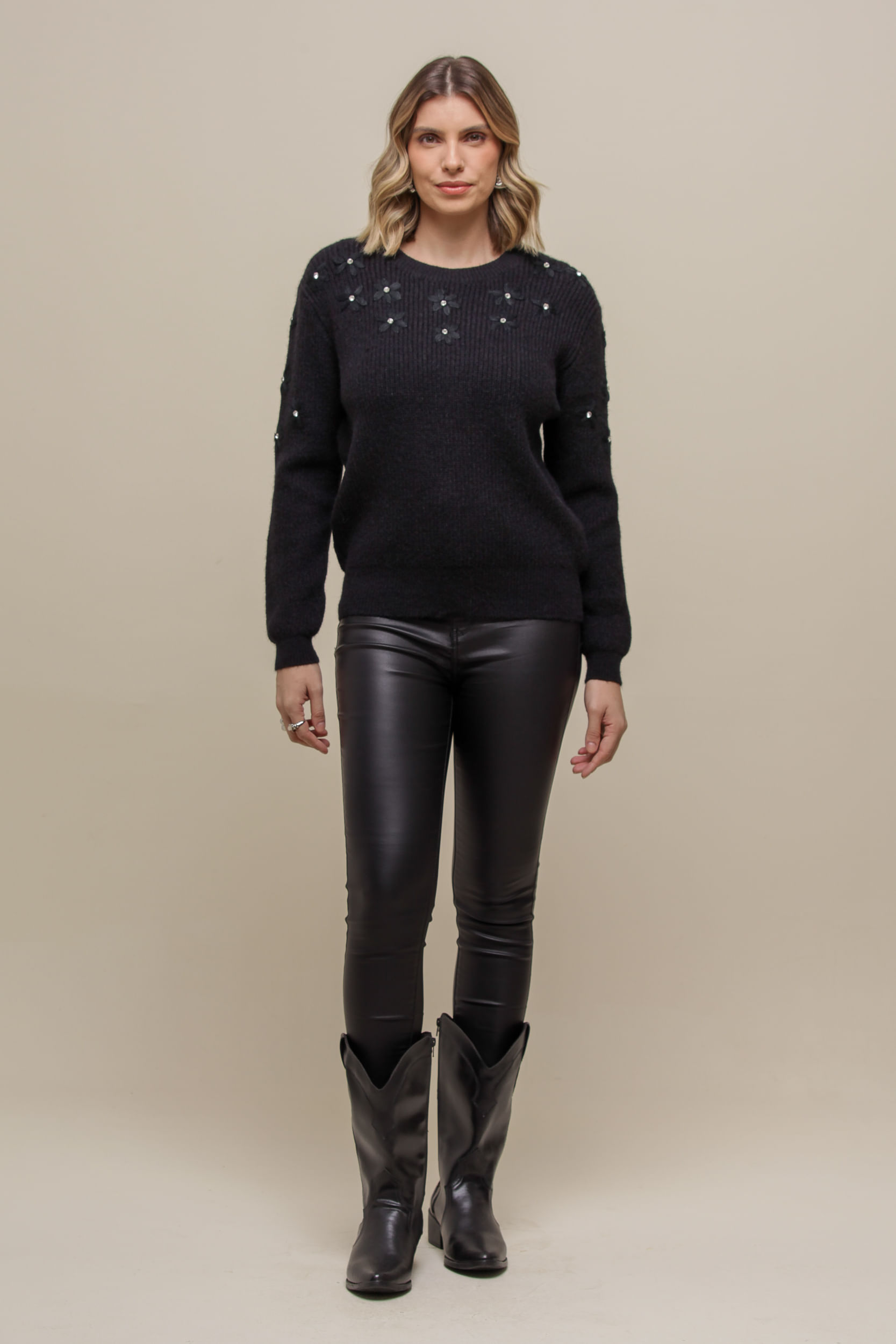 9036577 - Blusa Tricô Flores PRETO 9036577 - Blusa Tricô Flores PRETO