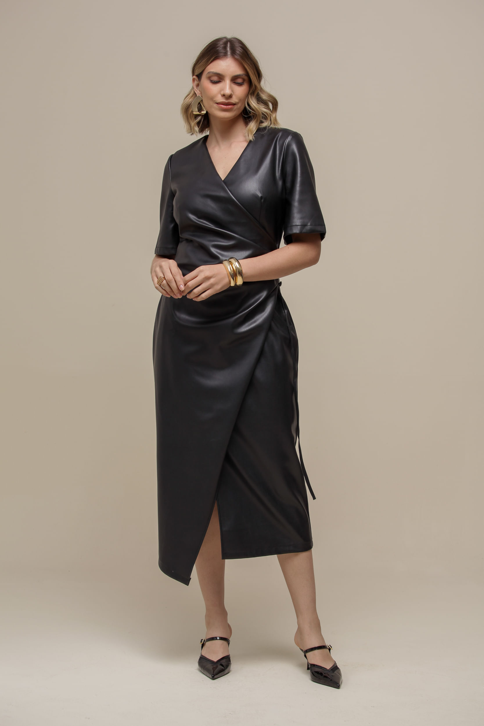 9036596 - Vestido PU Transpassado PRETO 9036596 - Vestido PU Transpassado PRETO