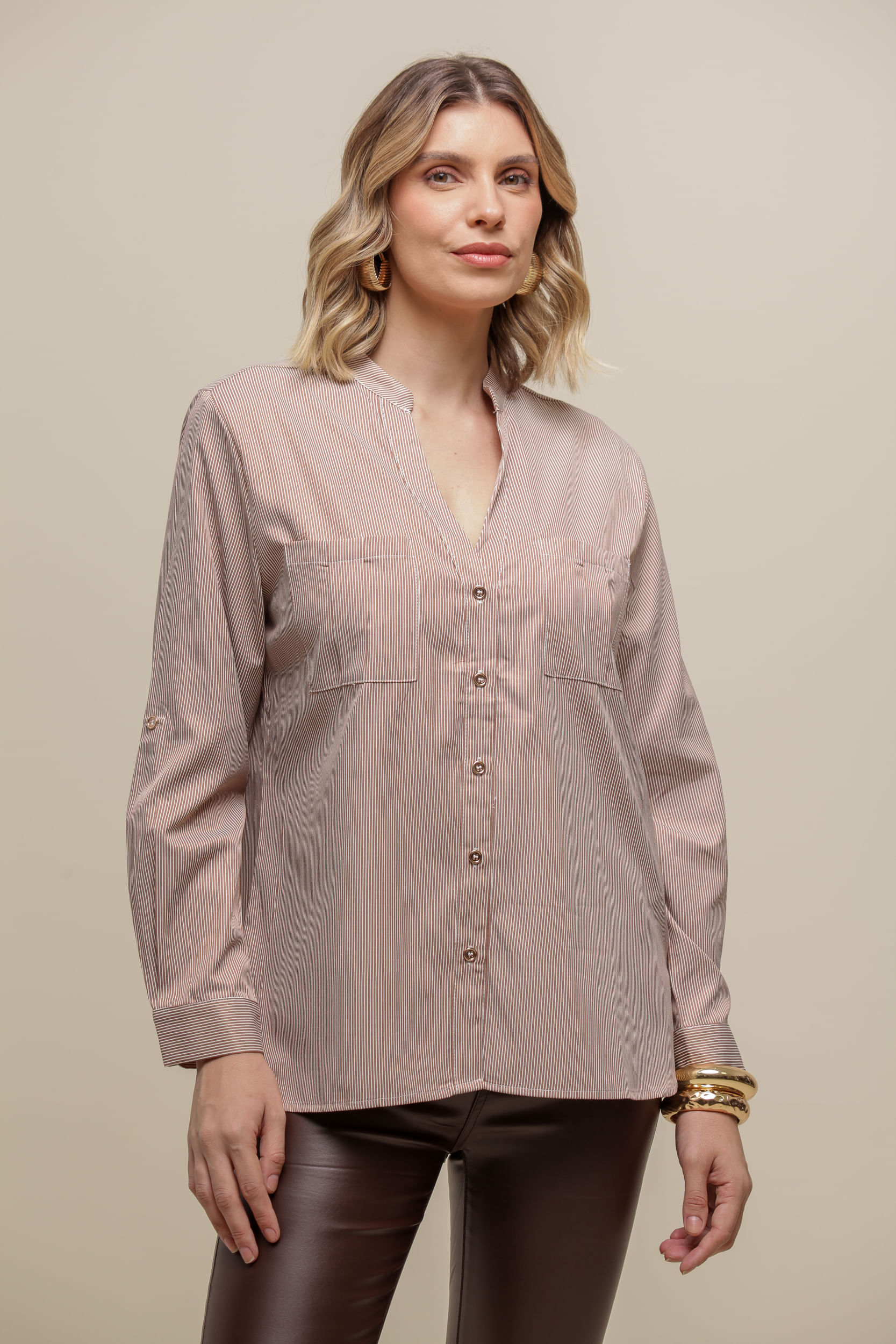9036703 - Camisa Gola Listras MARROM