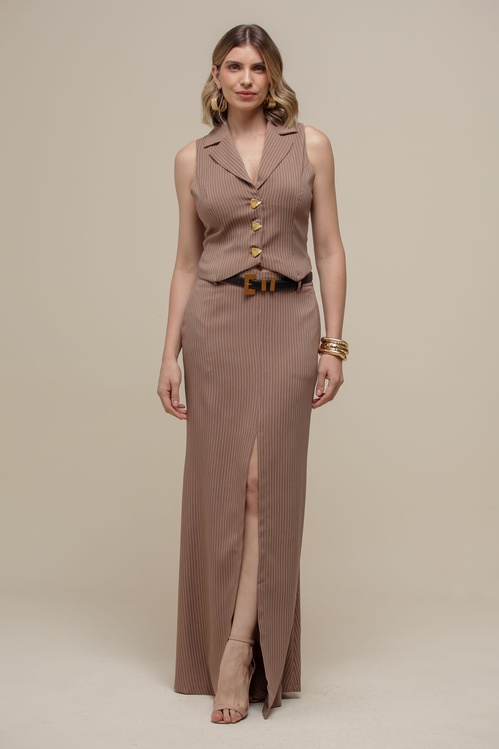 9036716 - Saia Longa Alfaiataria Risca de Giz  MARROM