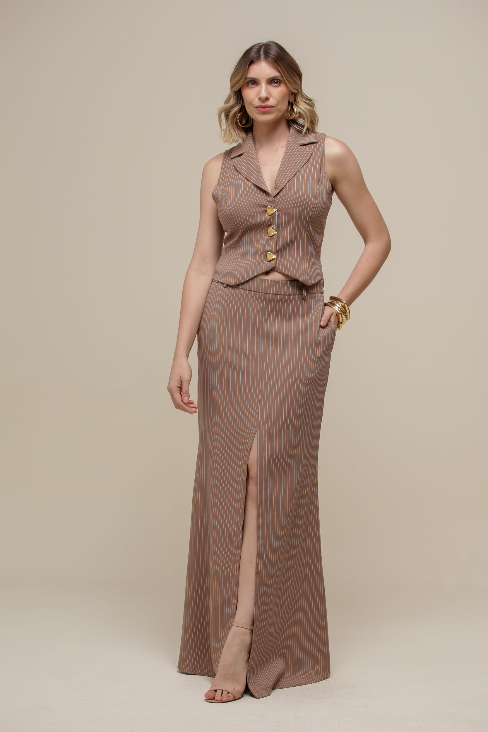 9036716 - Saia Longa Alfaiataria Risca de Giz MARROM 9036716 - Saia Longa Alfaiataria Risca de Giz MARROM