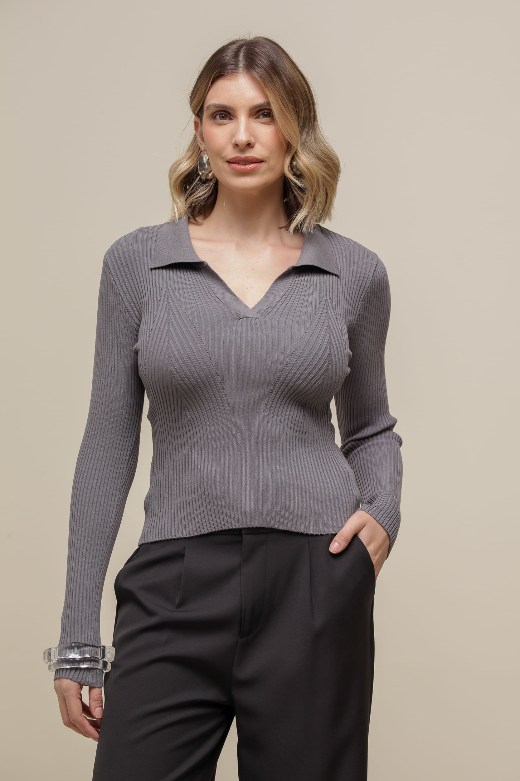 9036543 - Blusa Polo Tricô Manga Longa CINZA 9036543 - Blusa Polo Tricô Manga Longa CINZA