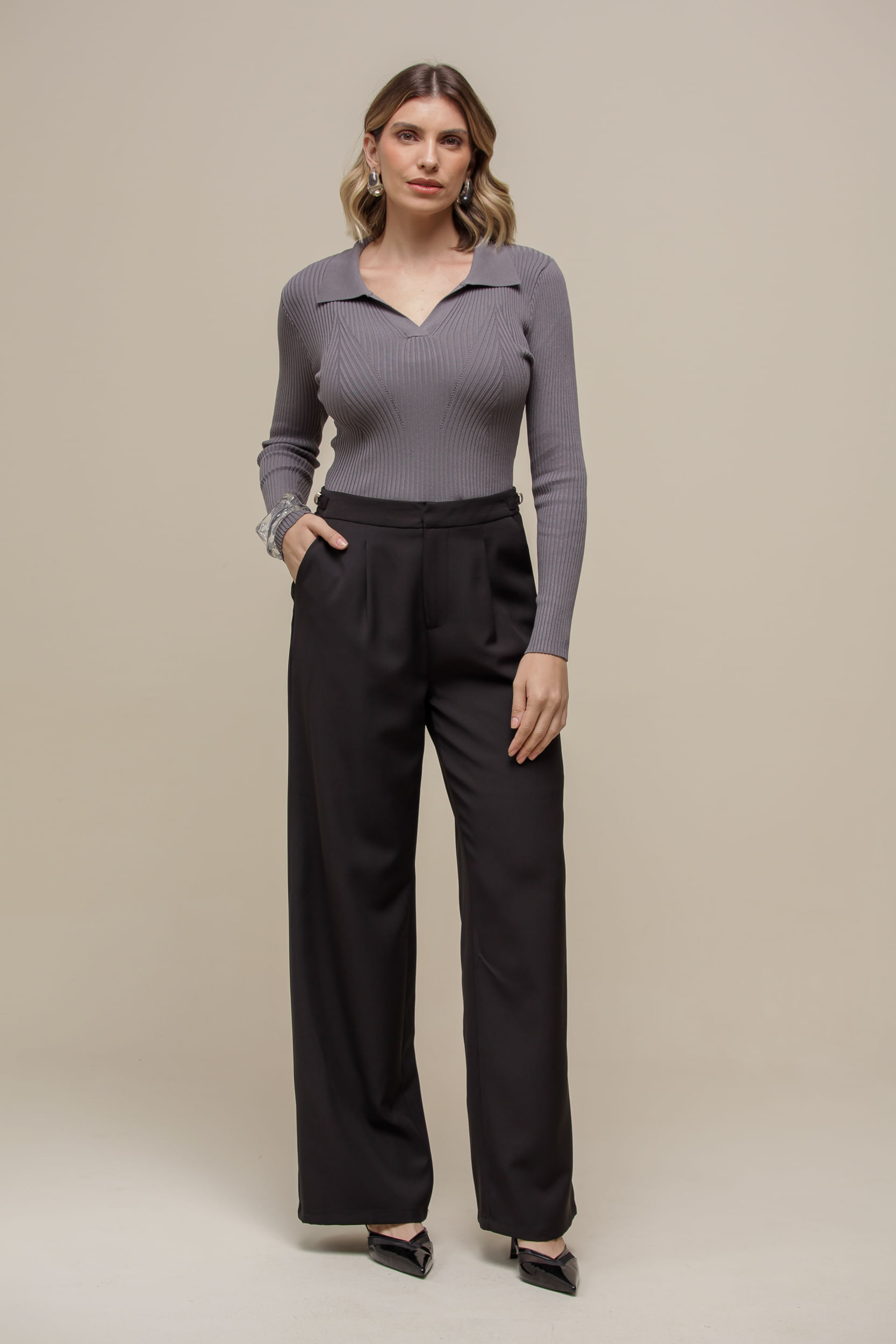 9036543 - Blusa Polo Tricô Manga Longa CINZA 9036543 - Blusa Polo Tricô Manga Longa CINZA