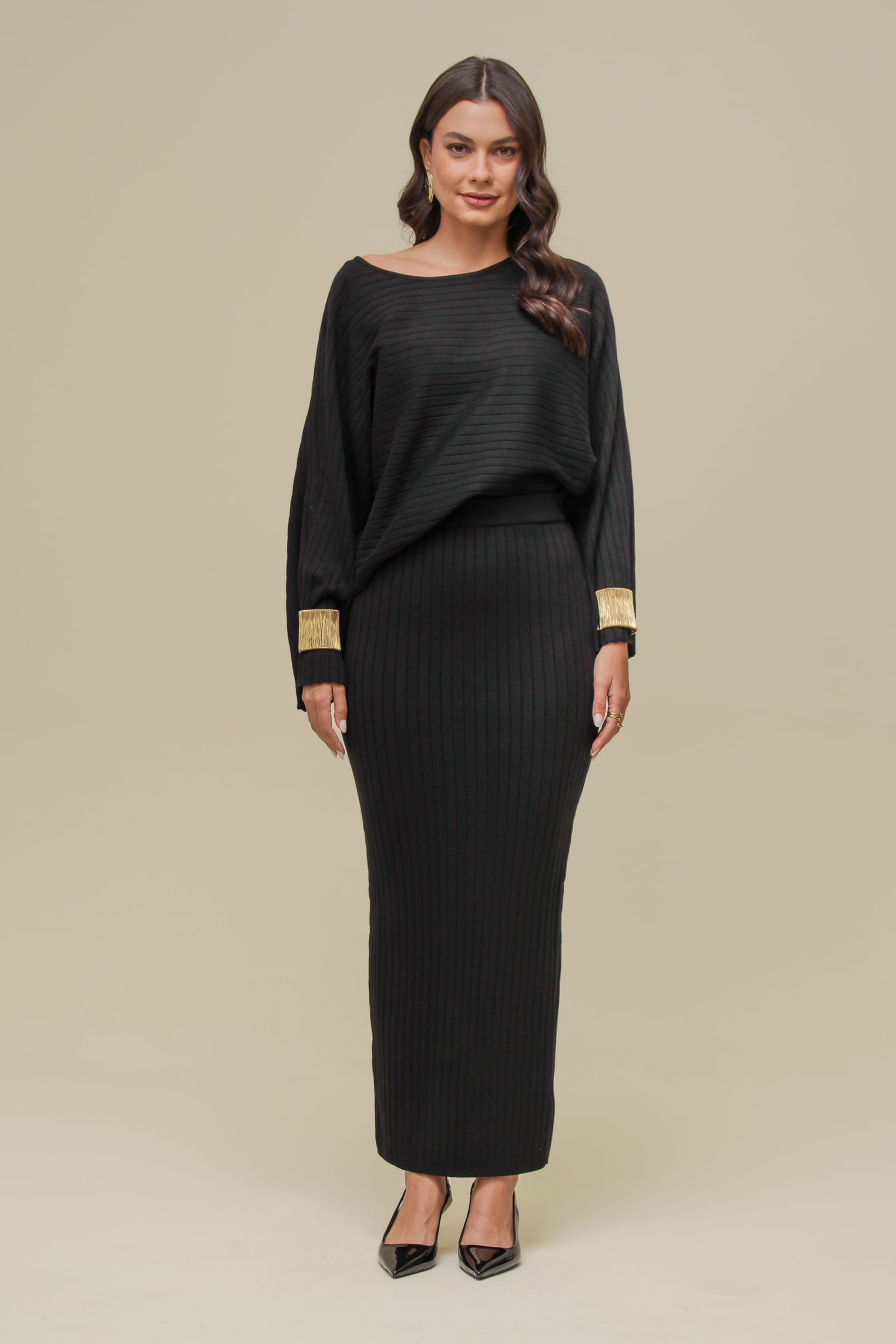 9036579 - Saia Reta Midi Tricô PRETO