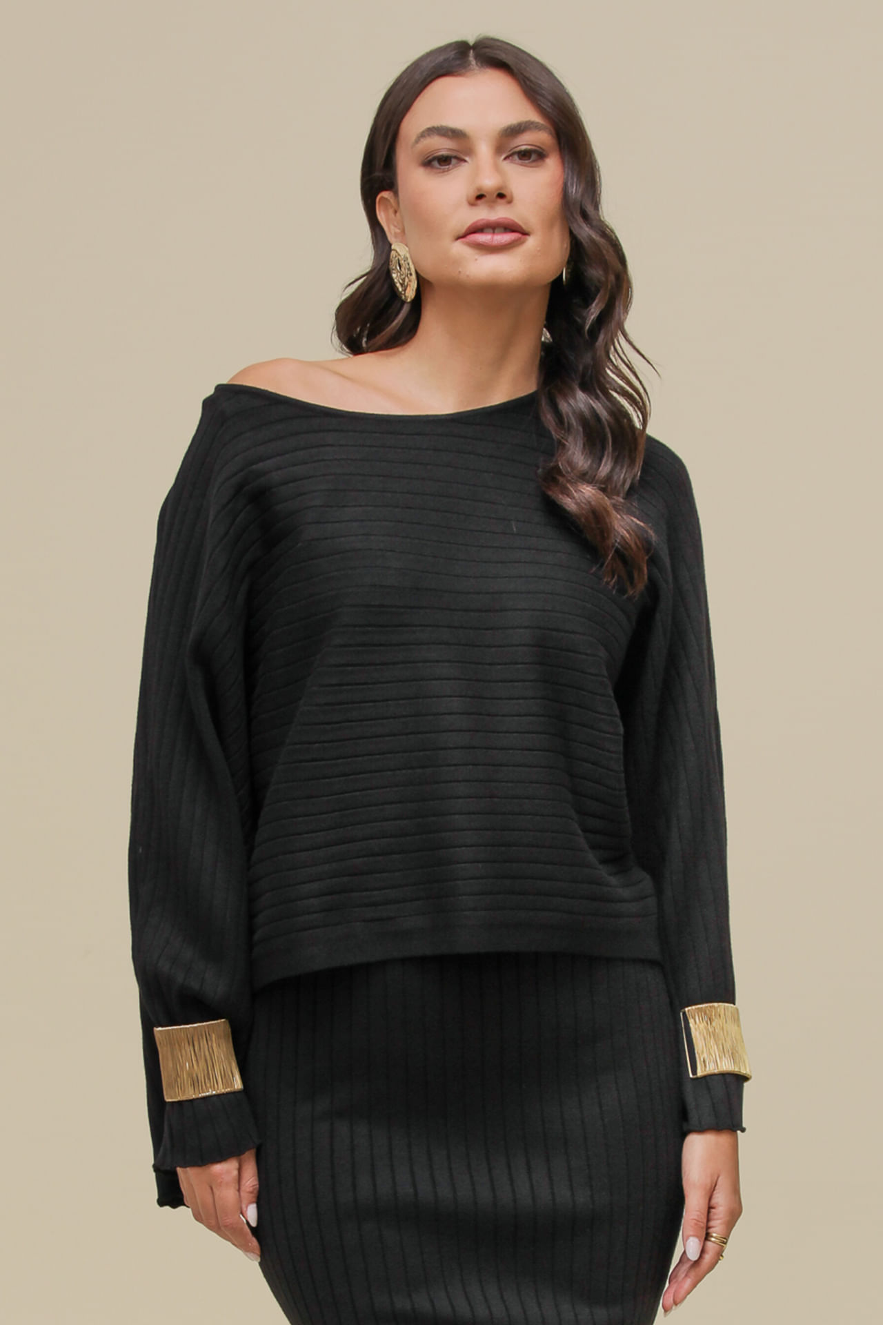 9036578 - Blusa Tricot Ampla Listrada PRETO
