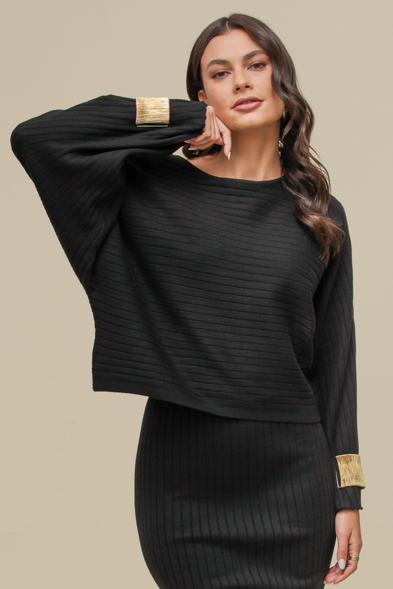 9036578 - Blusa Tricot Ampla Listrada PRETO 9036578 - Blusa Tricot Ampla Listrada PRETO