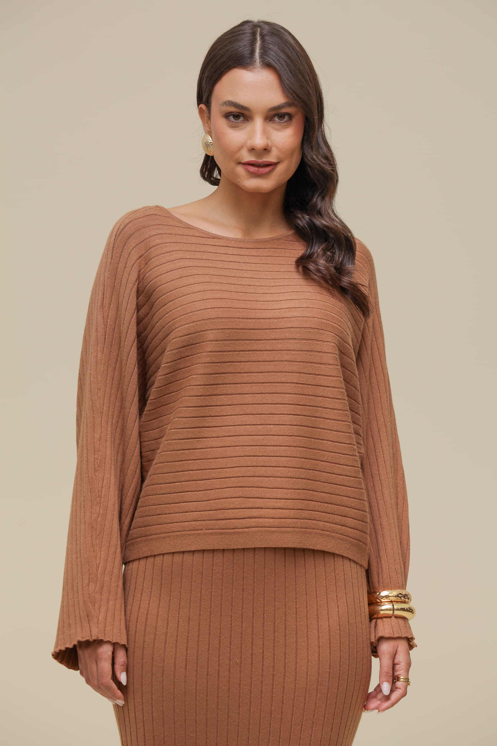 9036578 - Blusa Tricot Ampla Listrada CARAMELO