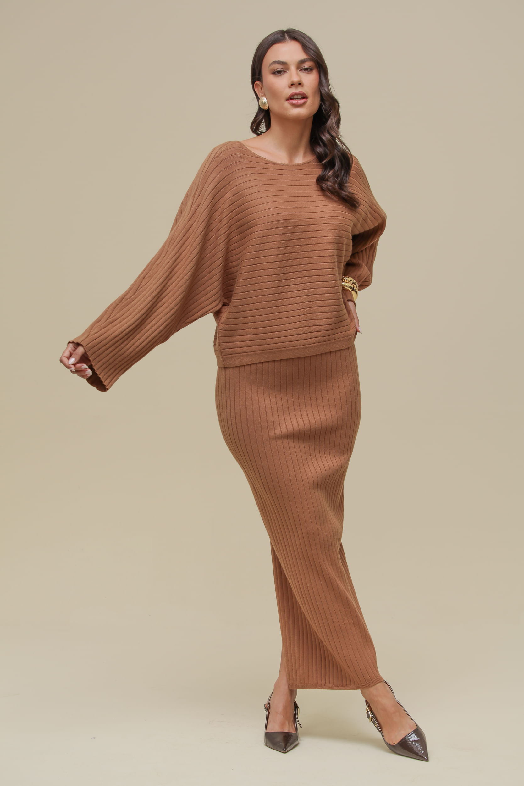 9036578 - Blusa Tricot Ampla Listrada CARAMELO 9036578 - Blusa Tricot Ampla Listrada CARAMELO