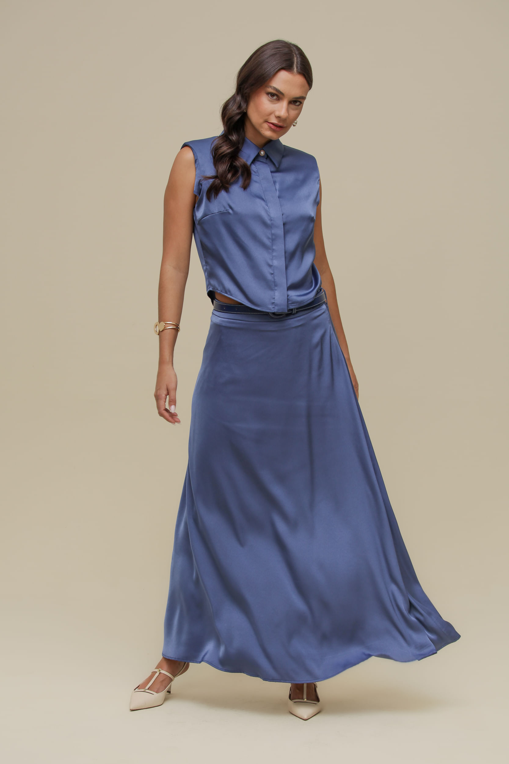 9036789 - Blusa Cetim com Gola AZUL 9036789 - Blusa Cetim com Gola AZUL