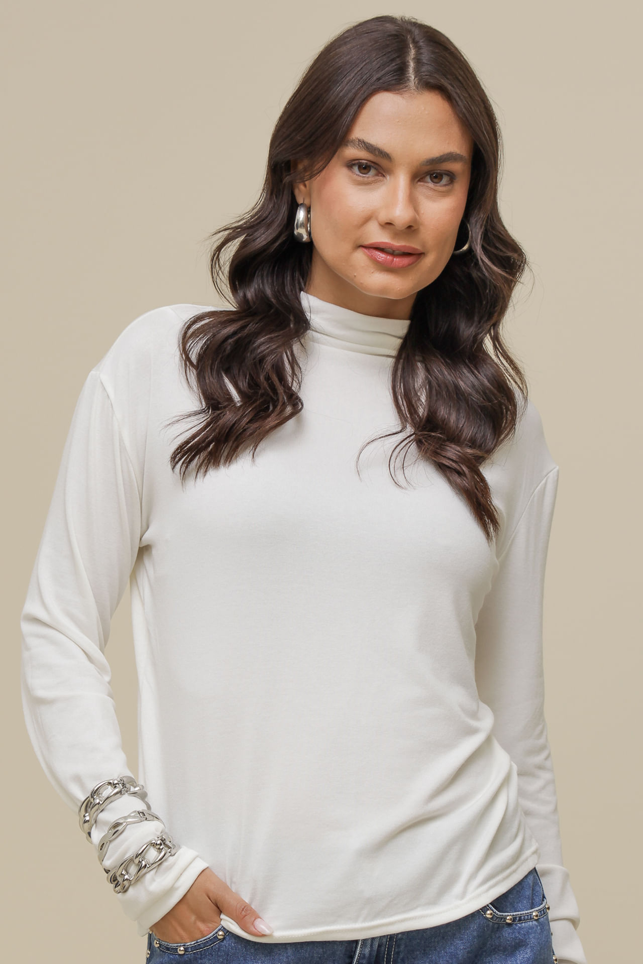 9034002 - Blusa Gola Alta Franzida OFF-WHITE 9034002 - Blusa Gola Alta Franzida OFF-WHITE