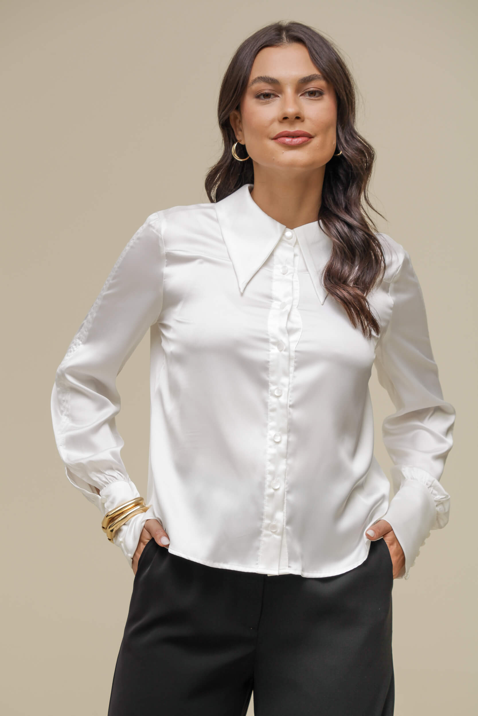 9036567 - Camisa Social Acetinada com Botões BRANCO