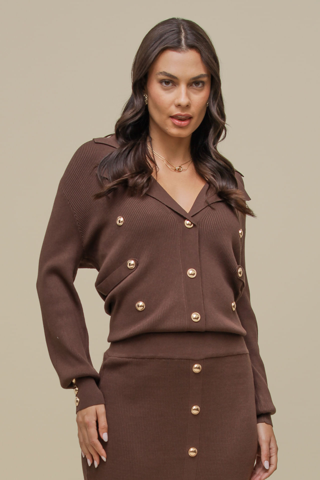 9036424 - Cardigan Tricô Botões MARROM 9036424 - Cardigan Tricô Botões MARROM