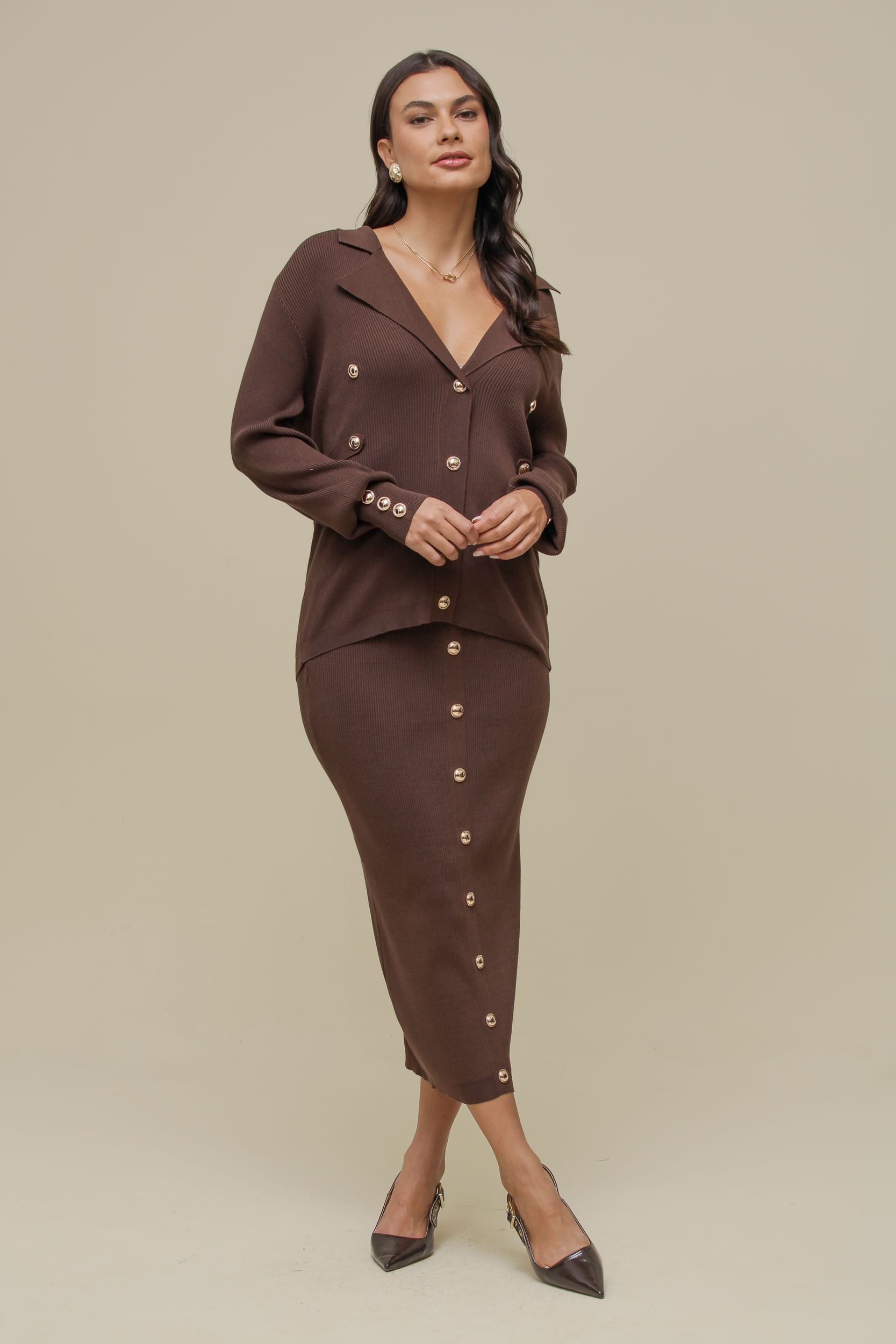 9036424 - Cardigan Tricô Botões MARROM 9036424 - Cardigan Tricô Botões MARROM