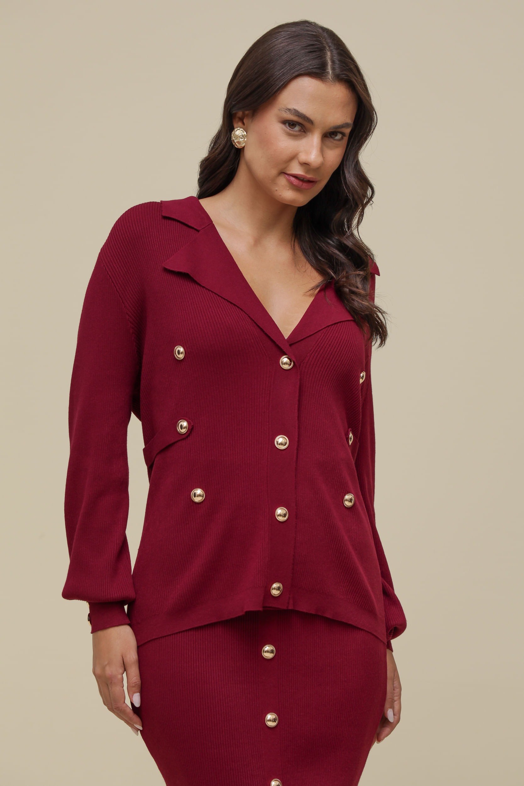 9036424 - Cardigan Tricô Botões CEREJA