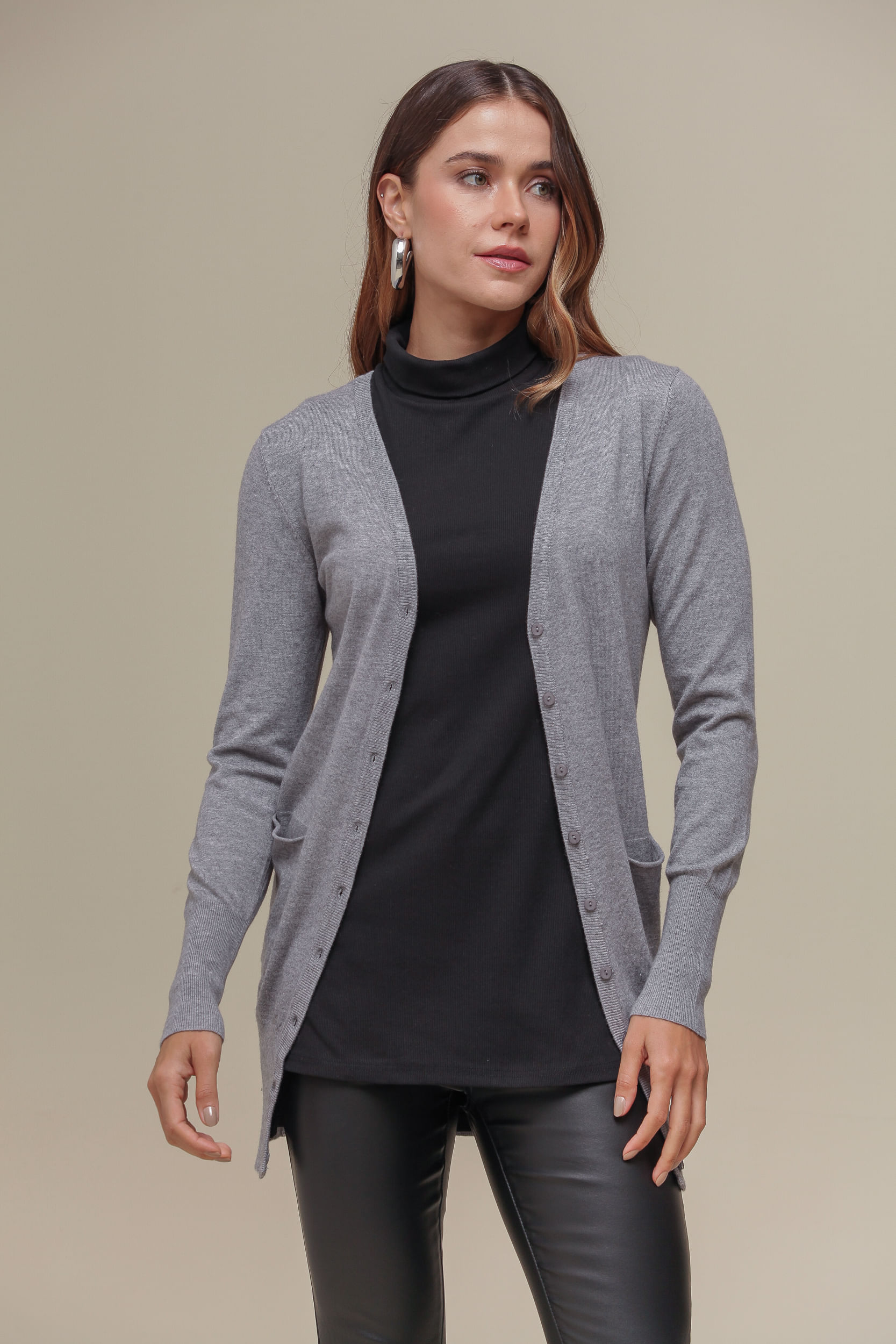 9034925 - Cardigan Tricô Alongado CINZA