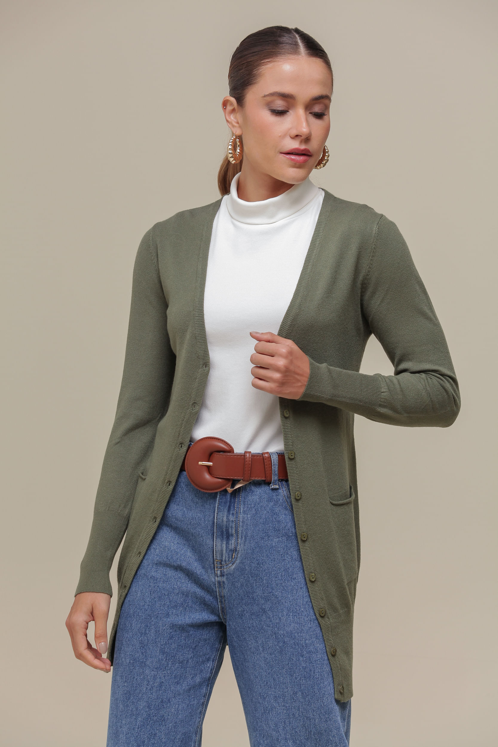 9034925 - Cardigan Tricô Alongado VERDE OLIVA
