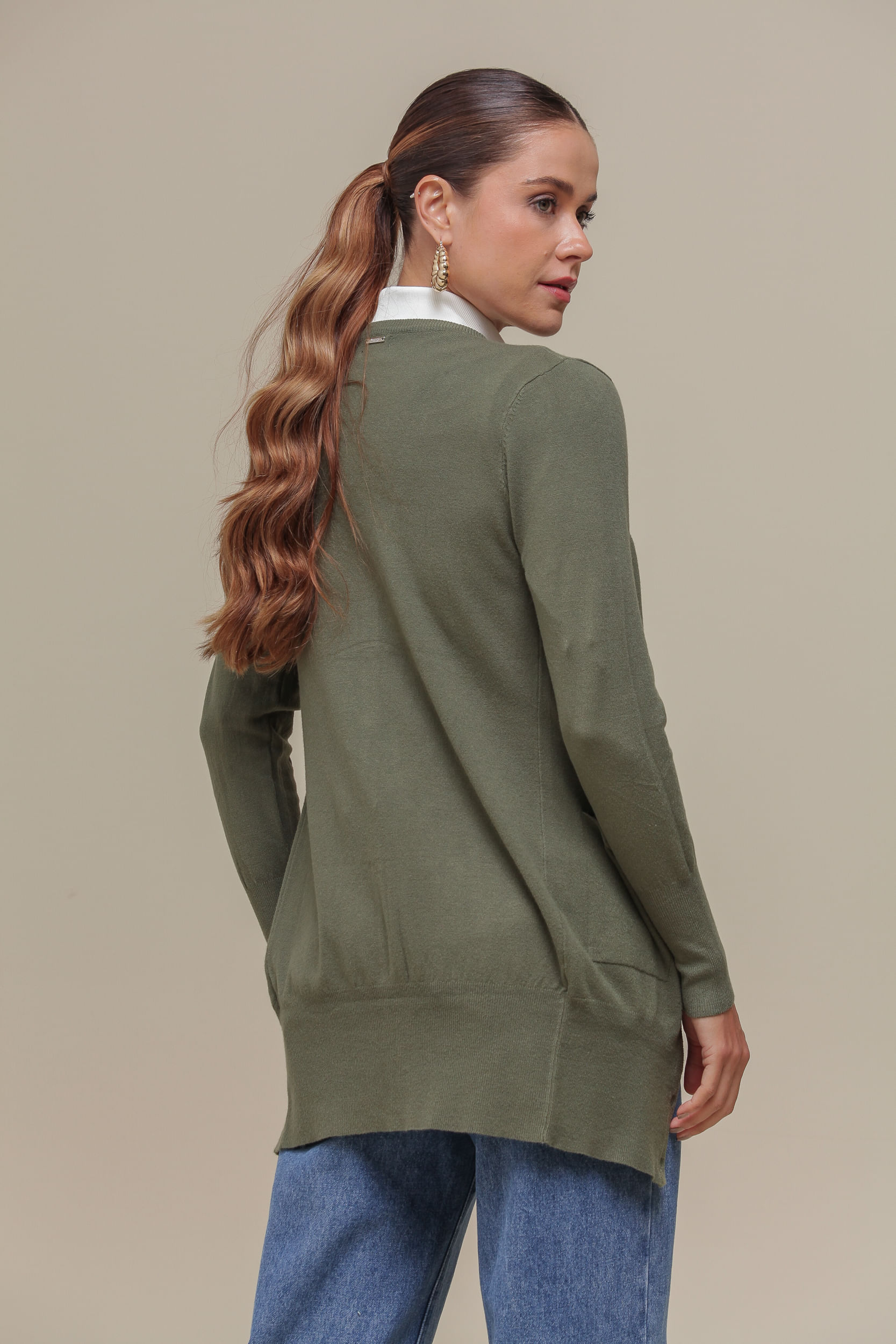 9034925 - Cardigan Tricô Alongado VERDE OLIVA 9034925 - Cardigan Tricô Alongado VERDE OLIVA