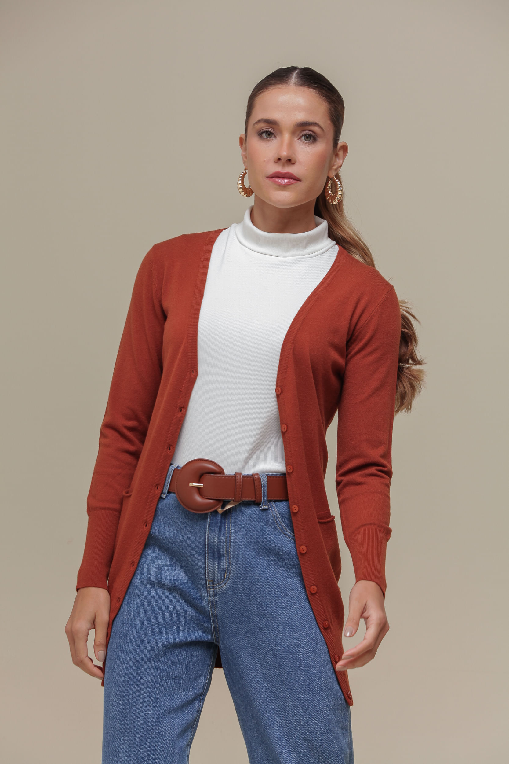 9034925 - Cardigan Tricô Alongado MARROM
