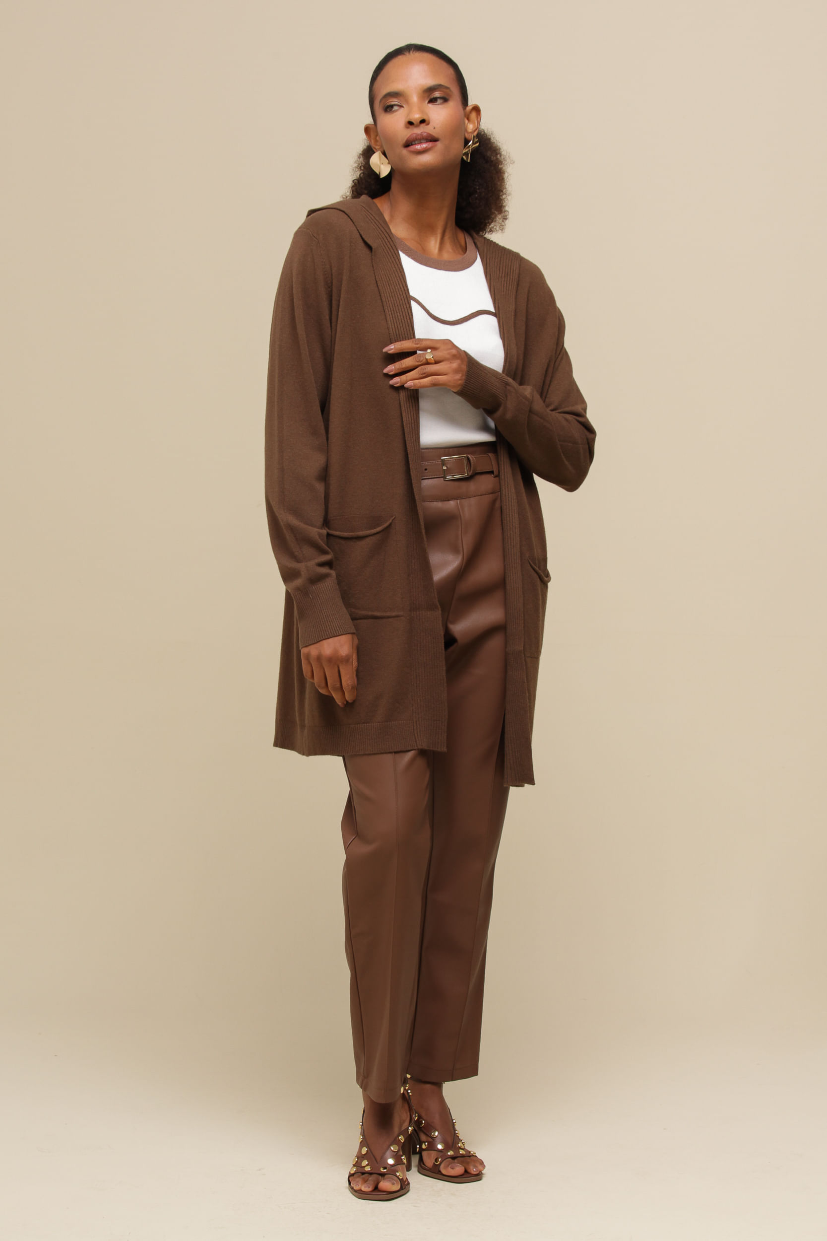 9035050 - Cardigan Tricô Alongado Bolsos MARROM 9035050 - Cardigan Tricô Alongado Bolsos MARROM