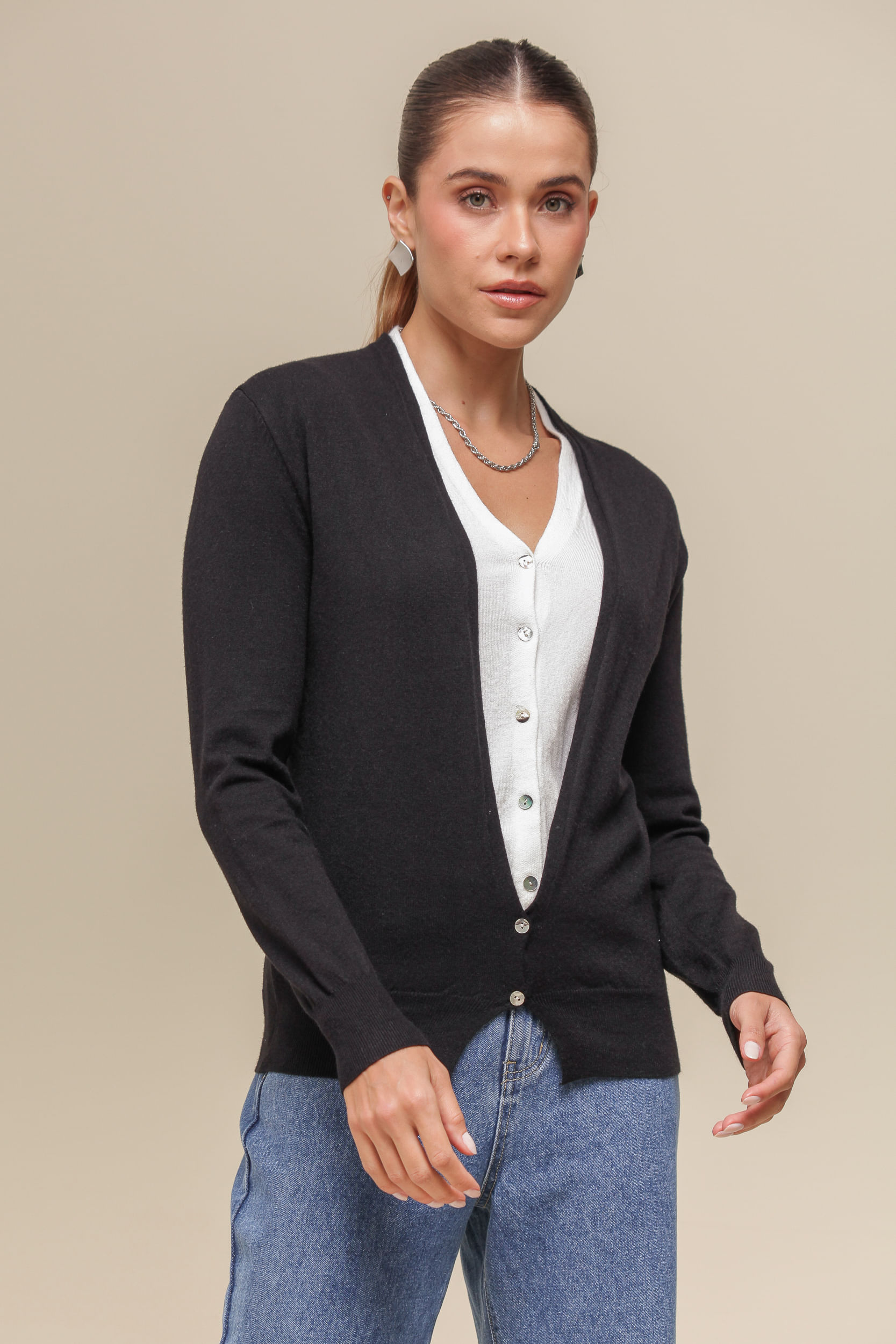 9035059 - Cardigan Tricô Duplo PRETO