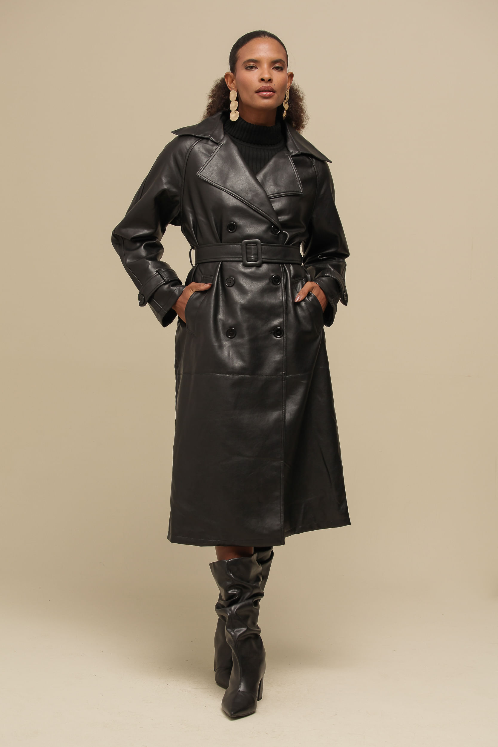 9035086 - Trench Coat Sobretudo PU PRETO 9035086 - Trench Coat Sobretudo PU PRETO