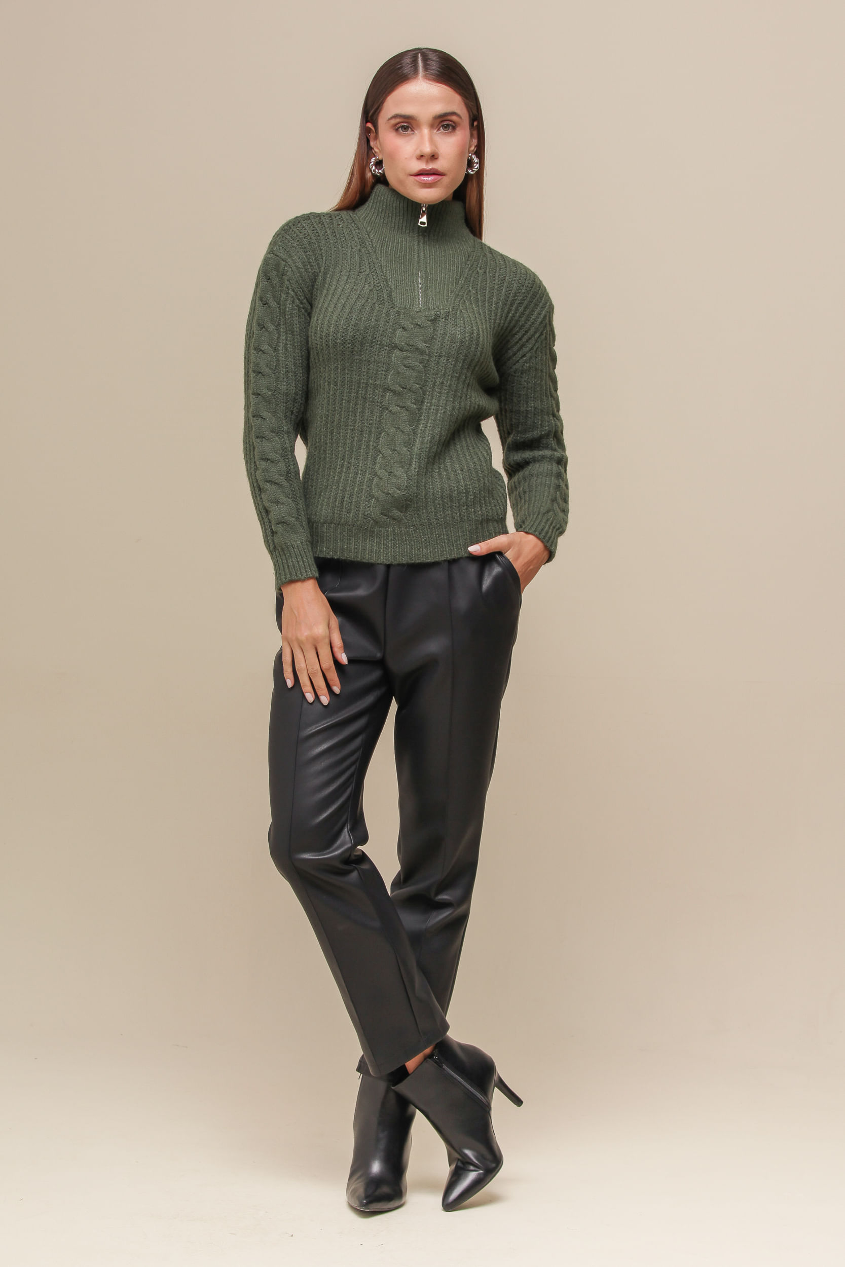 9035128 - Blusa de Tricot Trançado com Gola Alta VERDE 9035128 - Blusa de Tricot Trançado com Gola Alta VERDE