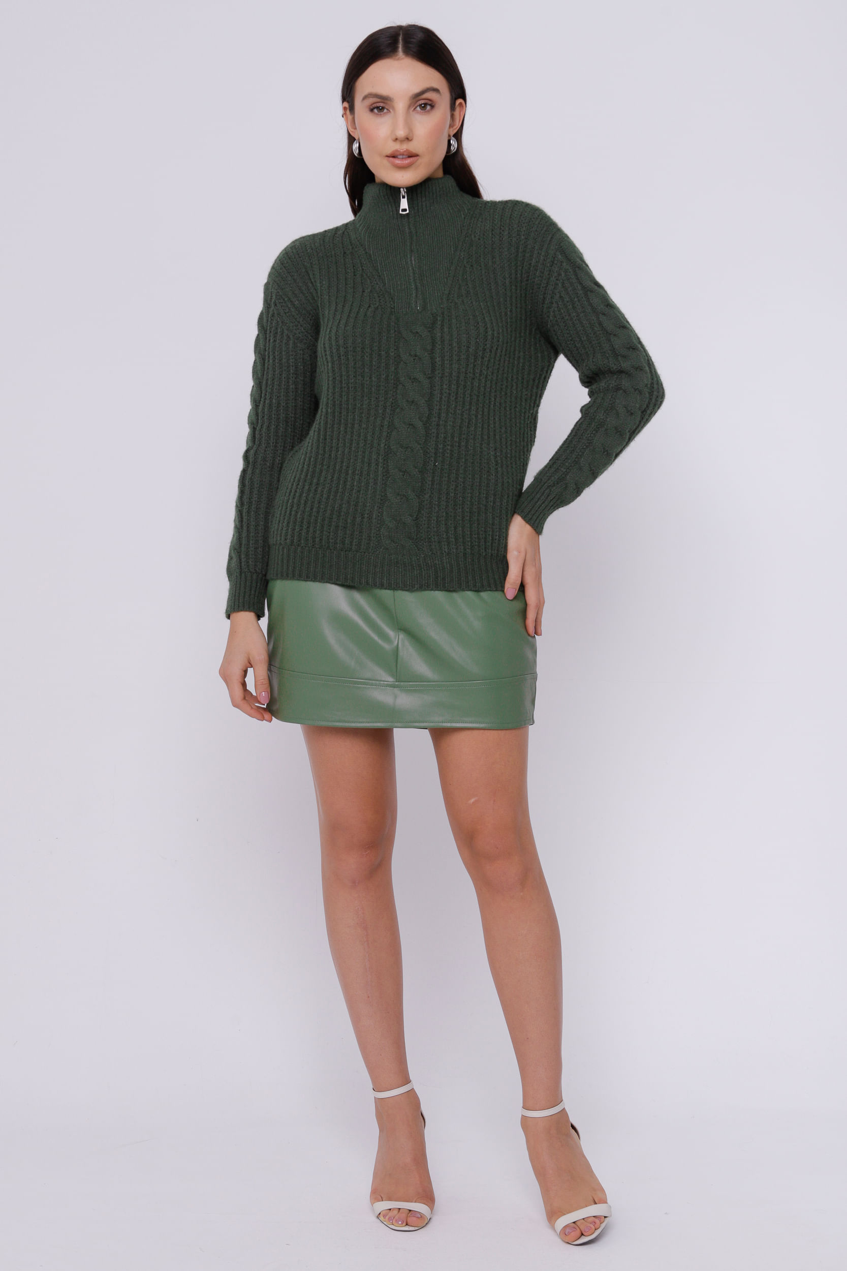 9035128 - Blusa de Tricot Trançado com Gola Alta VERDE 9035128 - Blusa de Tricot Trançado com Gola Alta VERDE
