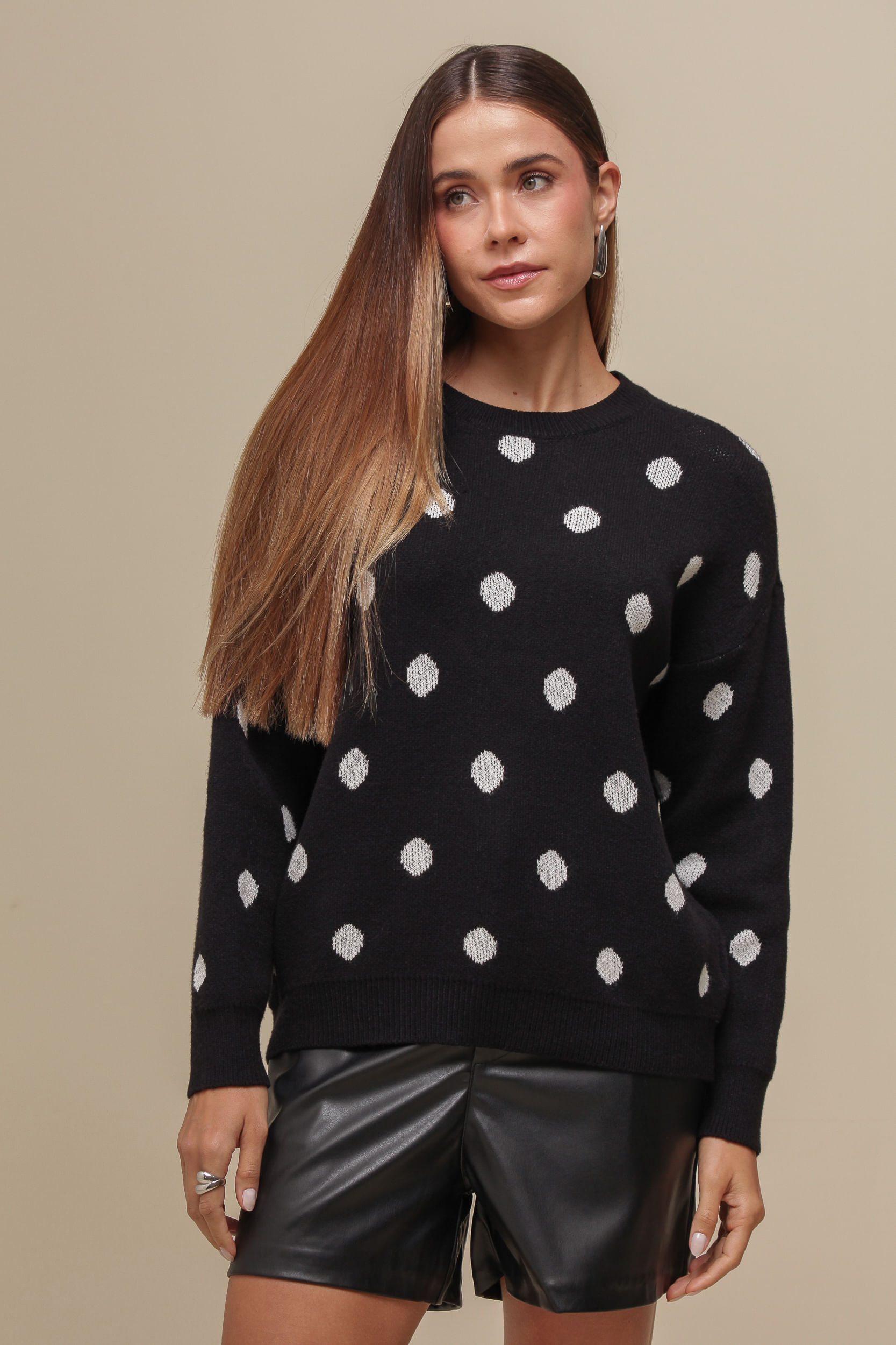 9036533 - Blusa de Tricô Poá Manga Longa  PRETO
