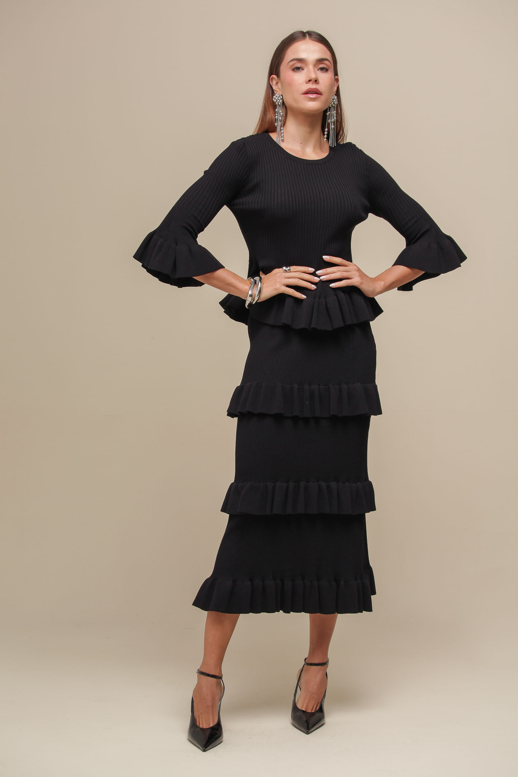 9036666 - Blusa Tricô Babados PRETO 9036666 - Blusa Tricô Babados PRETO