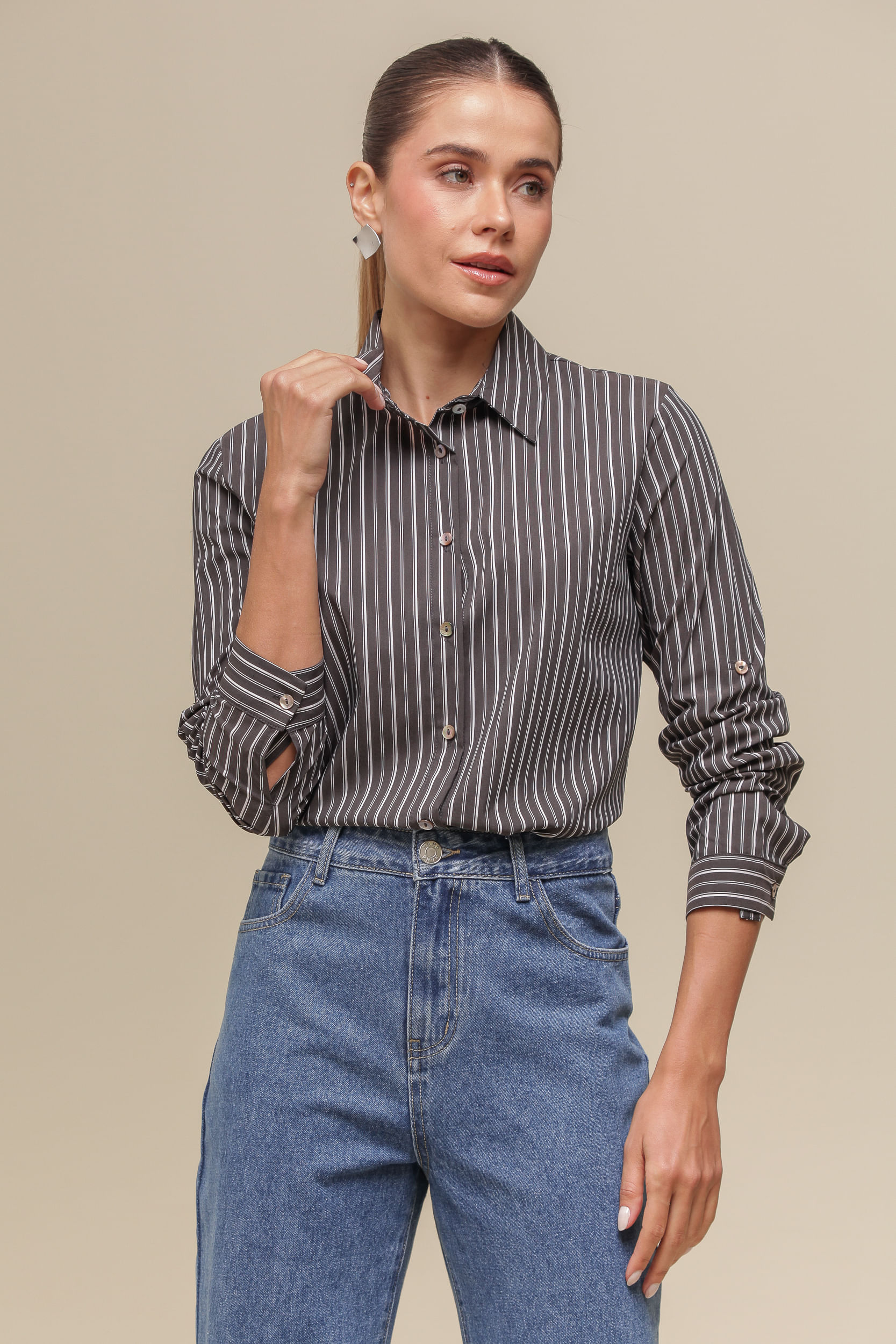 9036704 - Camisa Social Listrada  CINZA