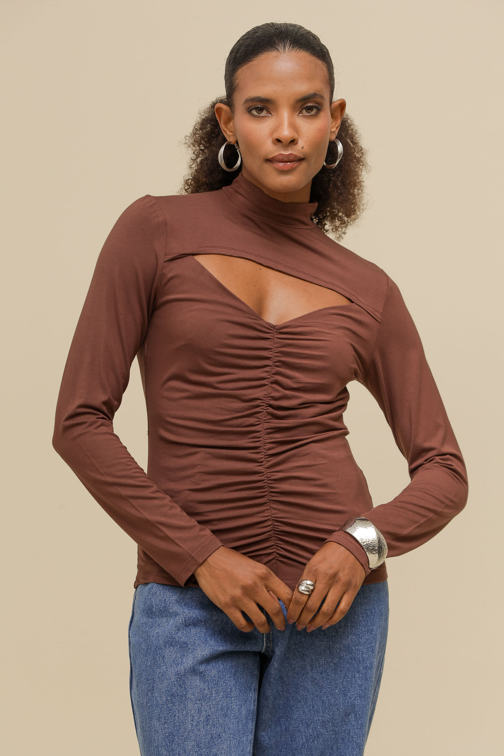 9036720 - Blusa de Malha Franzido na Frente MARROM 9036720 - Blusa de Malha Franzido na Frente MARROM