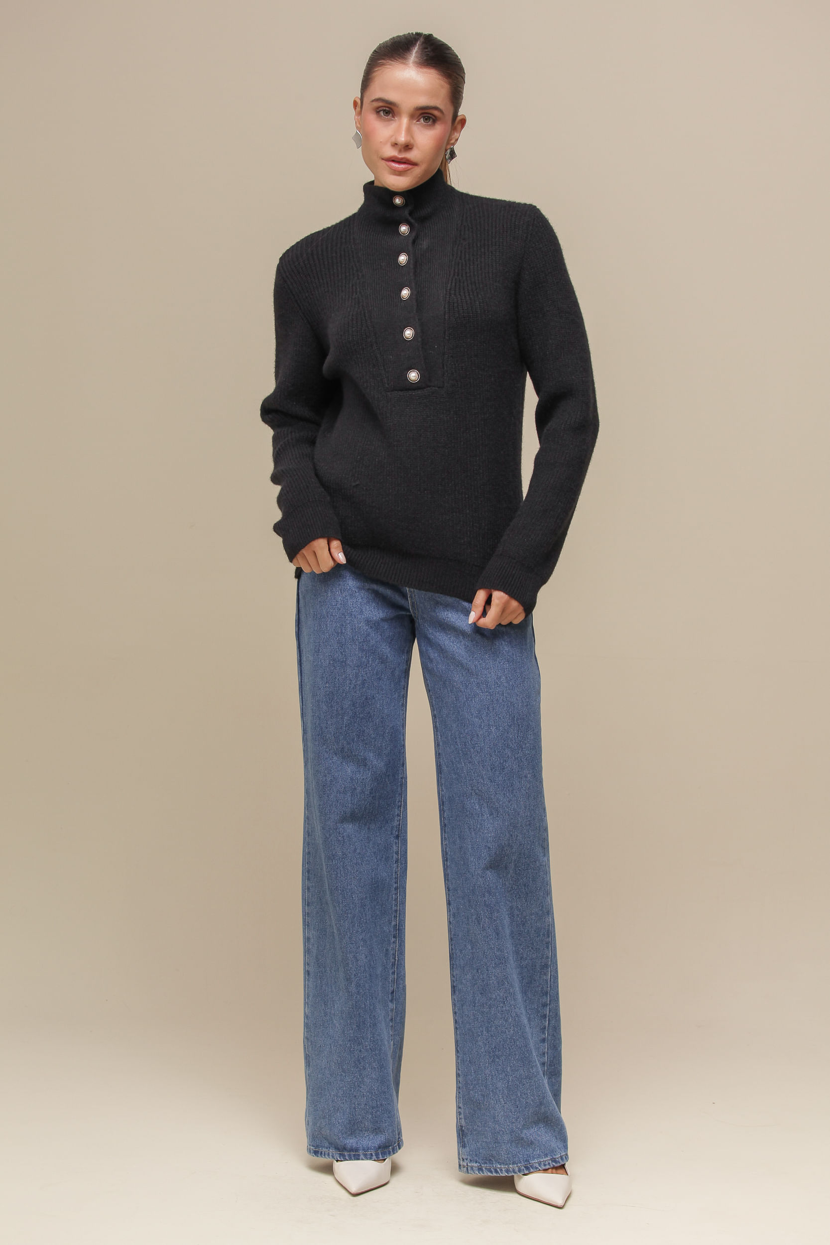 9036745 - Blusa Tricô Gola Alta Botões PRETO 9036745 - Blusa Tricô Gola Alta Botões PRETO
