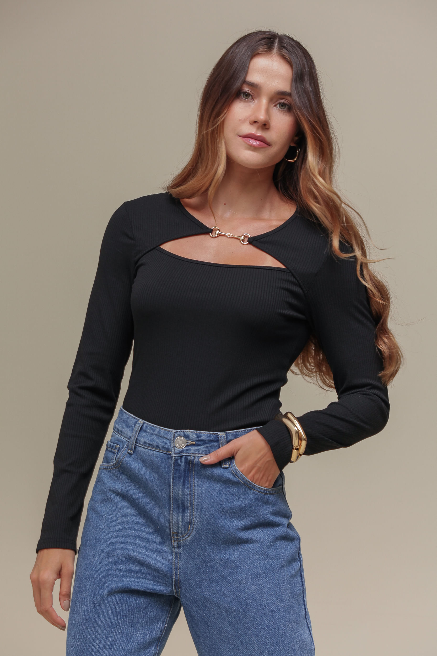 9036784 - Blusa Manga Longa Malha Canelada PRETO