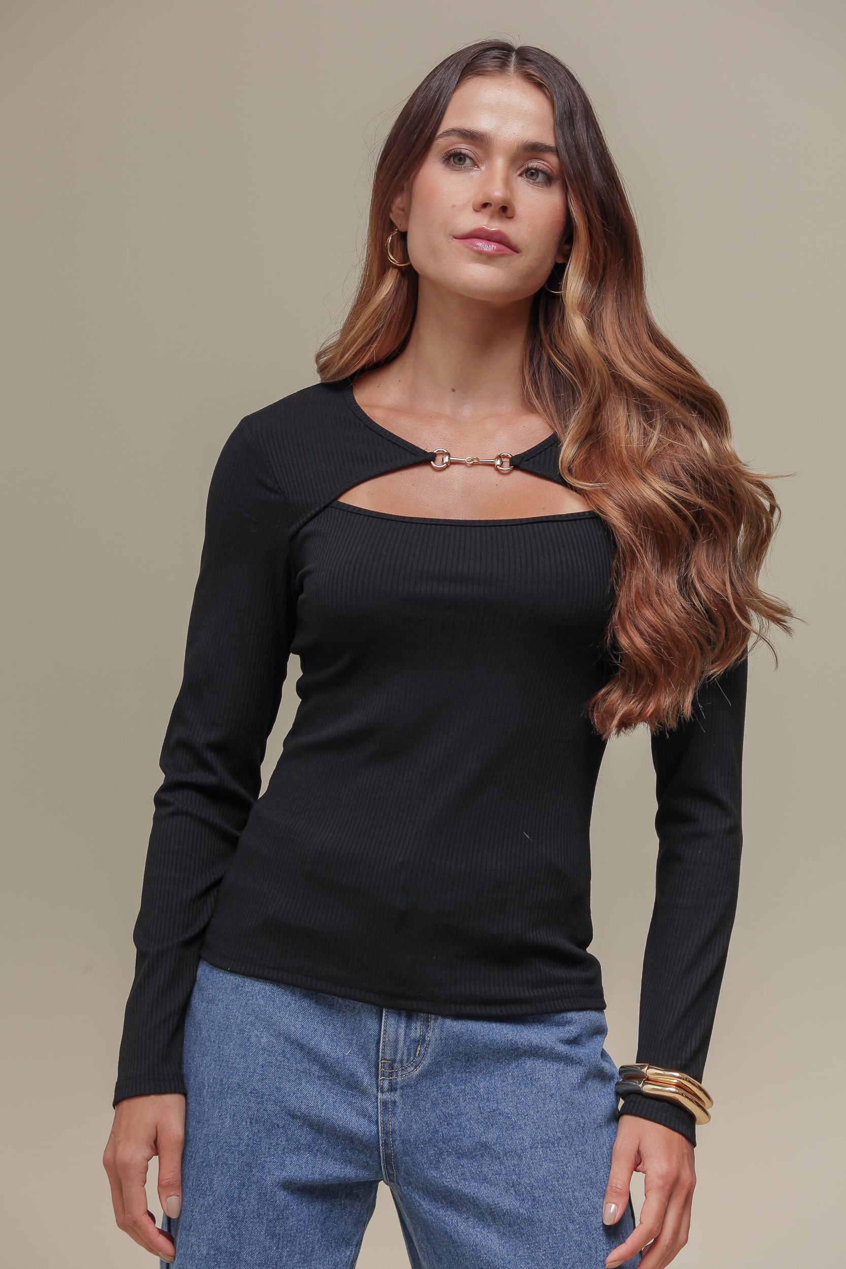 9036784 - Blusa Manga Longa Malha Canelada PRETO 9036784 - Blusa Manga Longa Malha Canelada PRETO