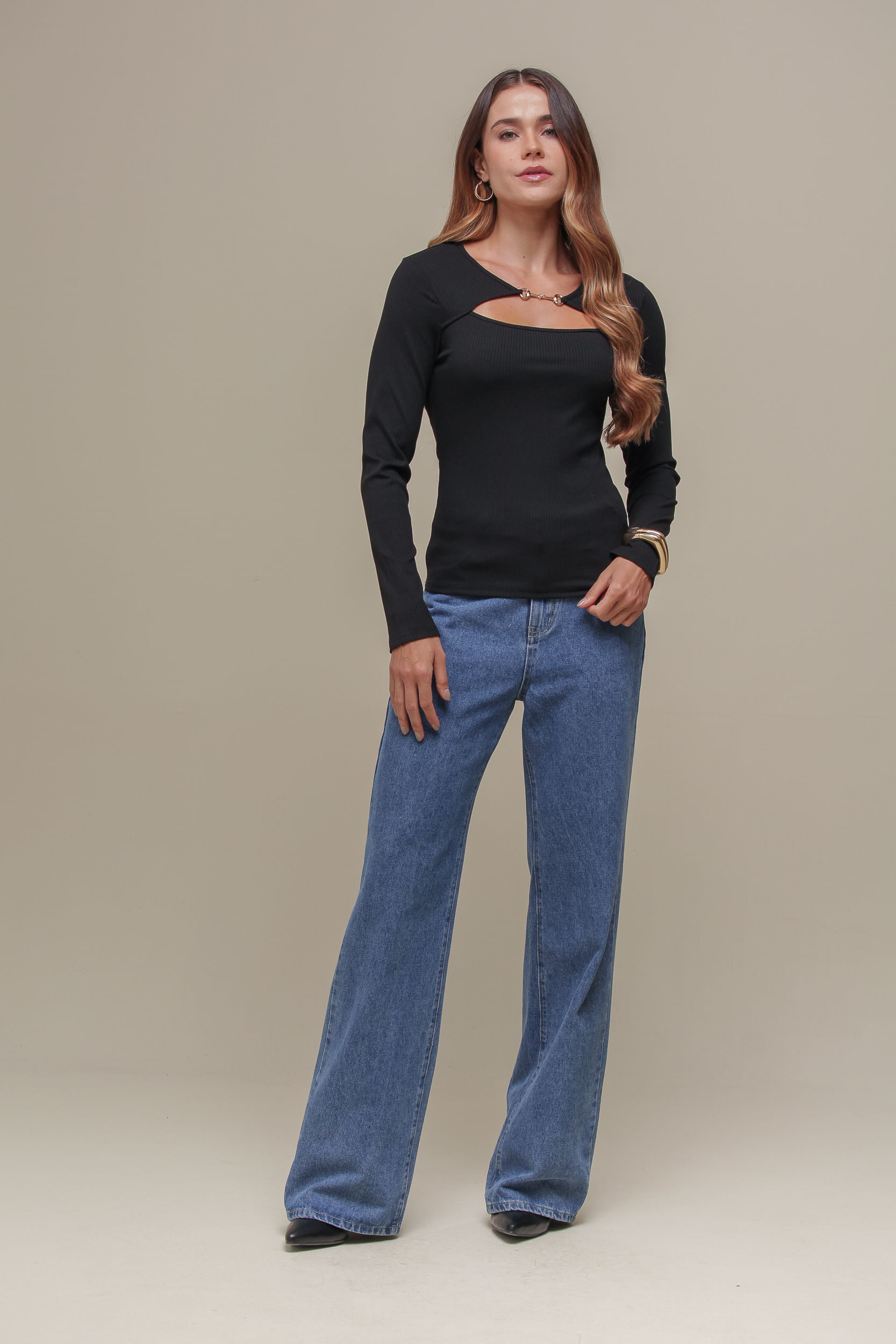 9036784 - Blusa Manga Longa Malha Canelada PRETO 9036784 - Blusa Manga Longa Malha Canelada PRETO